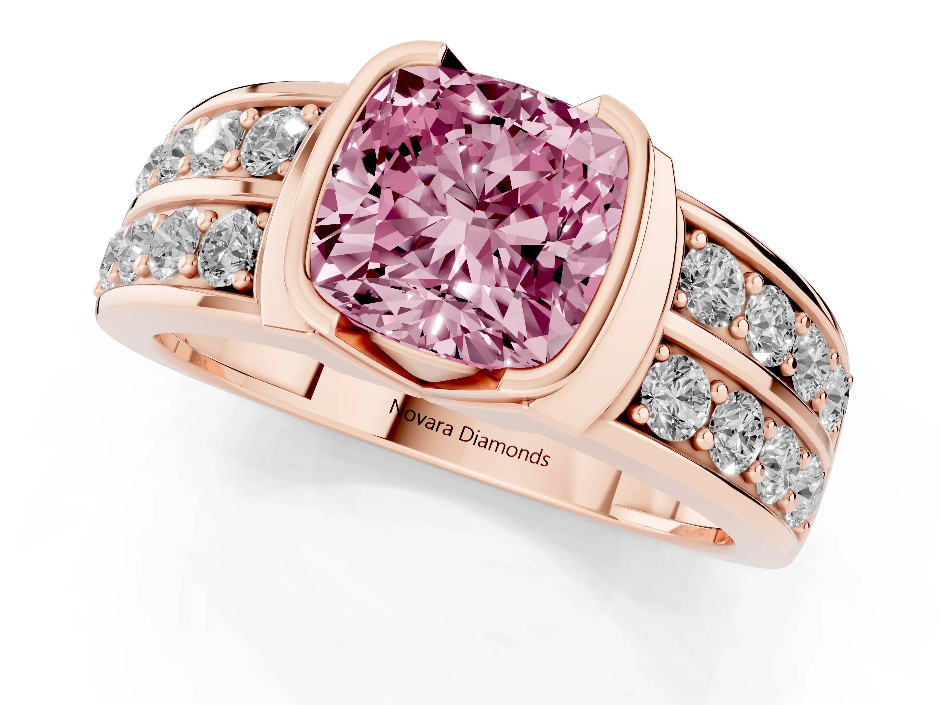 Fancy Pink Cushion Cut Diamond Wide Channel Set Band Ring Set in Rose gold with Bezel Setting