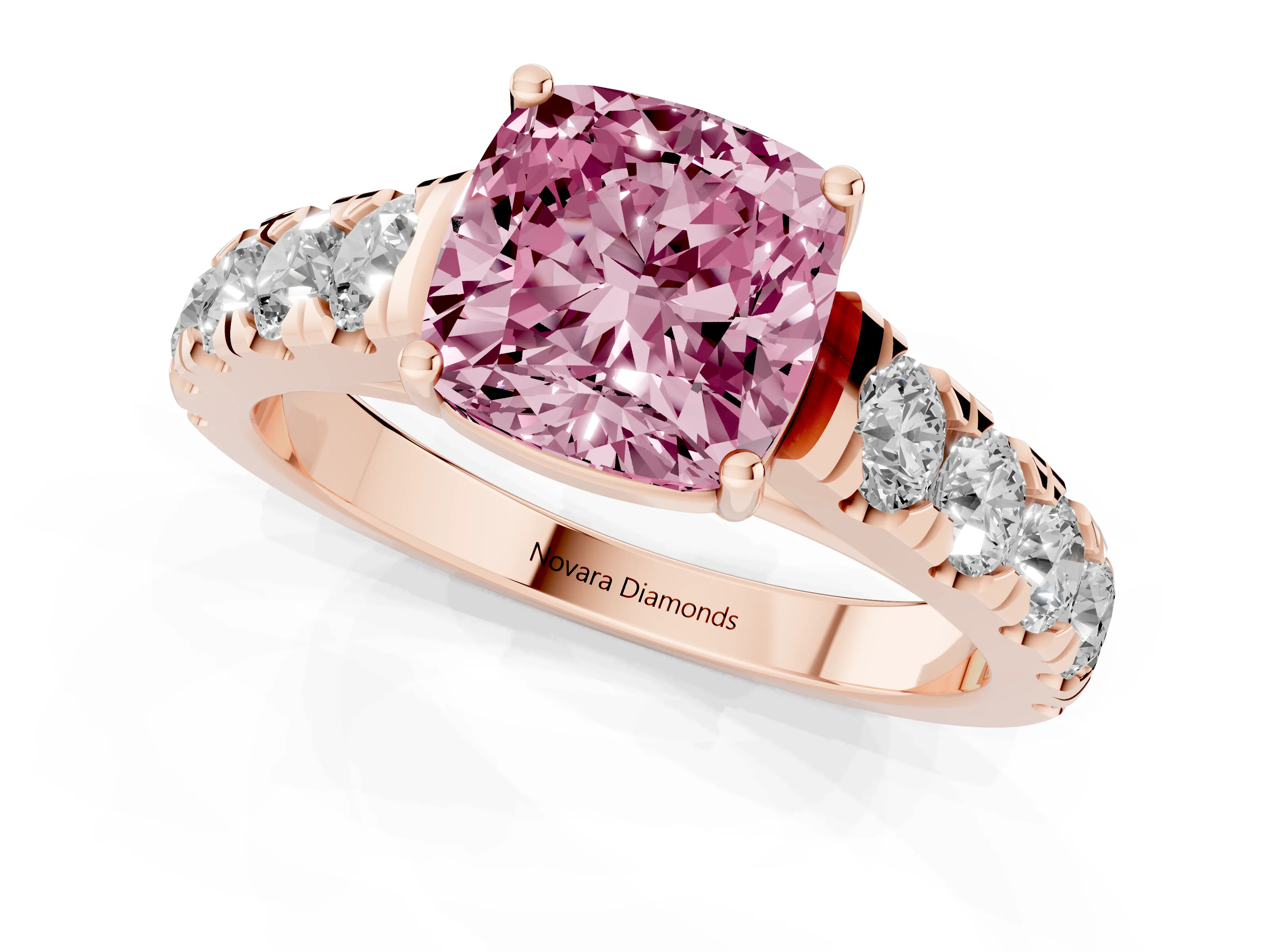 Fancy Pink Cushion Cut Diamond Solitaire Ring Set in Rose gold with Cut-Down Micro Pavé Band and Prong Setting