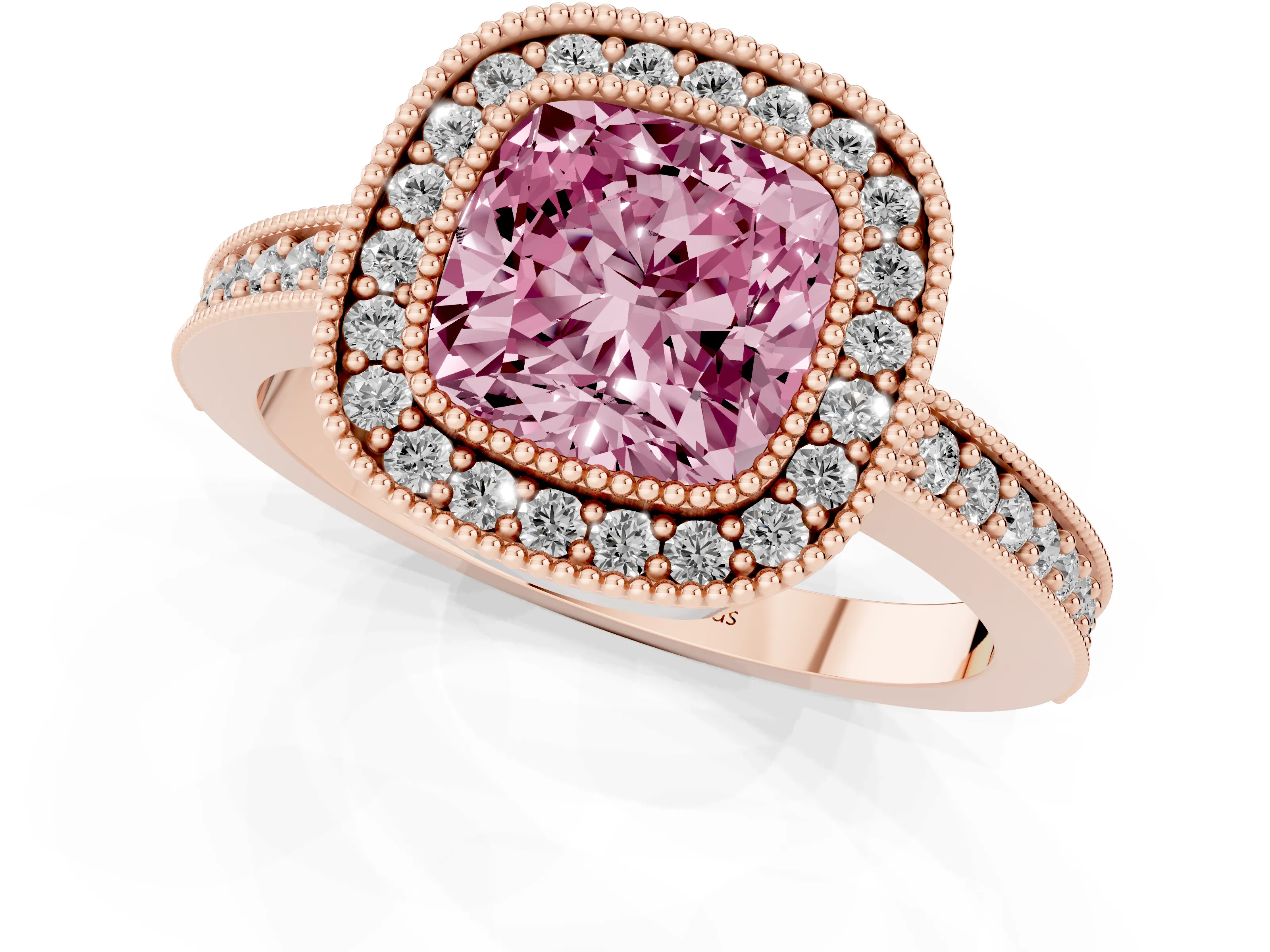 Fancy Pink Cushion Cut Diamond Halo Engagement Ring Set in Rose gold with Pavé Band and Round Halo Stones