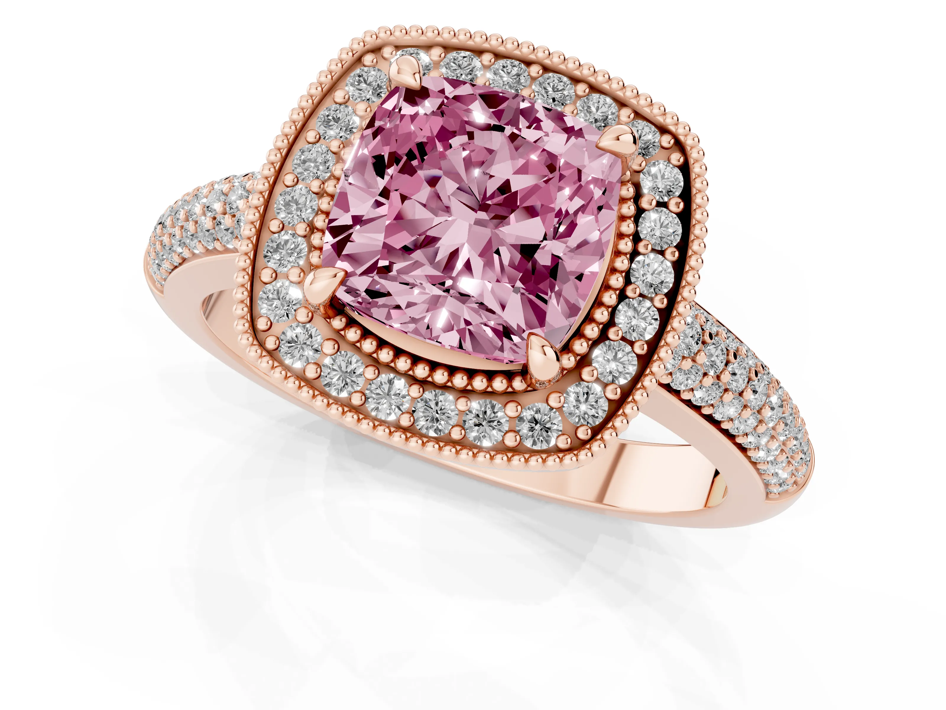 Fancy Pink Cushion Cut Diamond Halo Pavé Band Set in Rose gold with Prong Setting