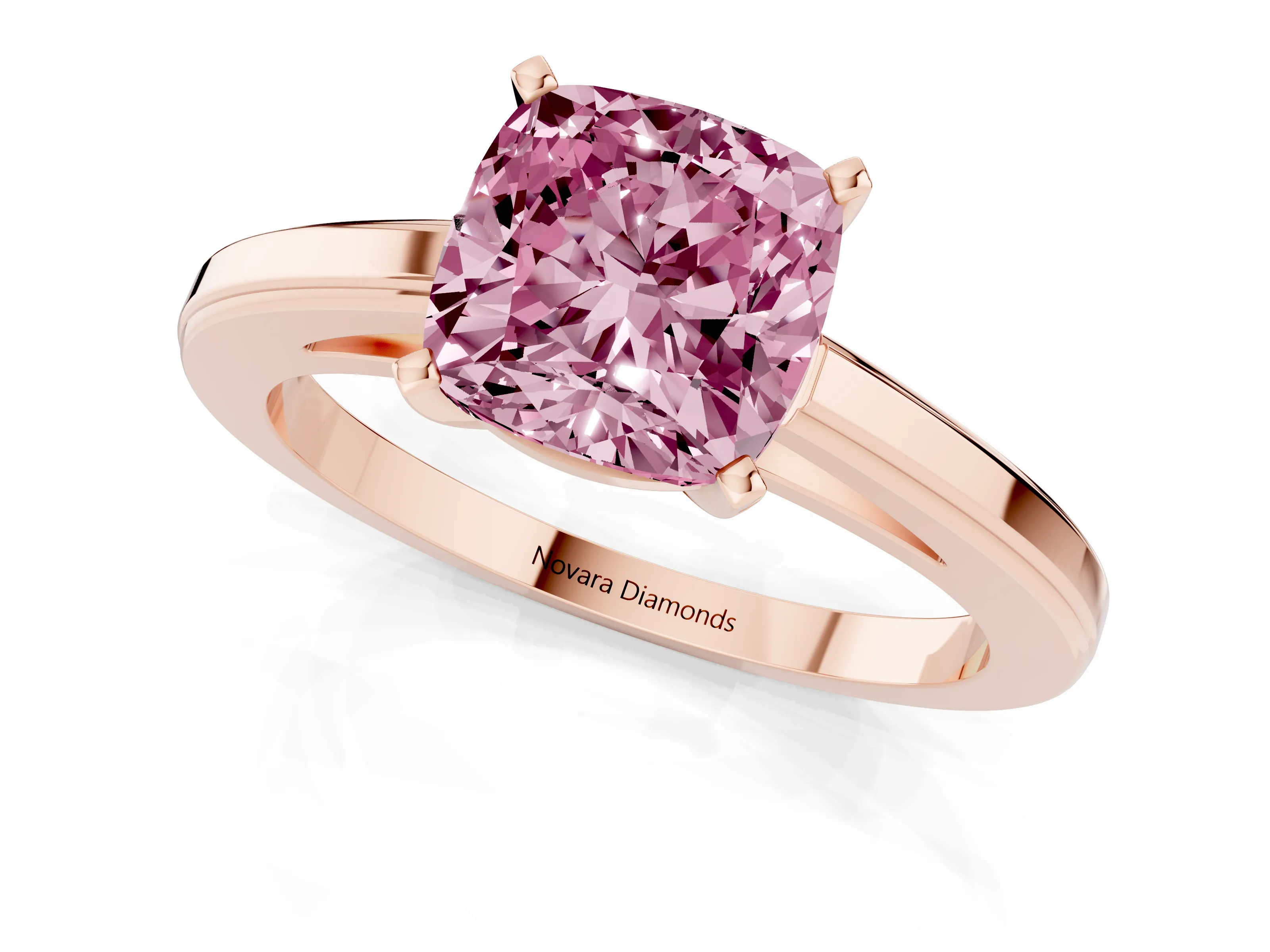 Fancy Pink Cushion Cut Diamond Solitaire Ring Set in Rose gold with Prong Setting and Classic Band