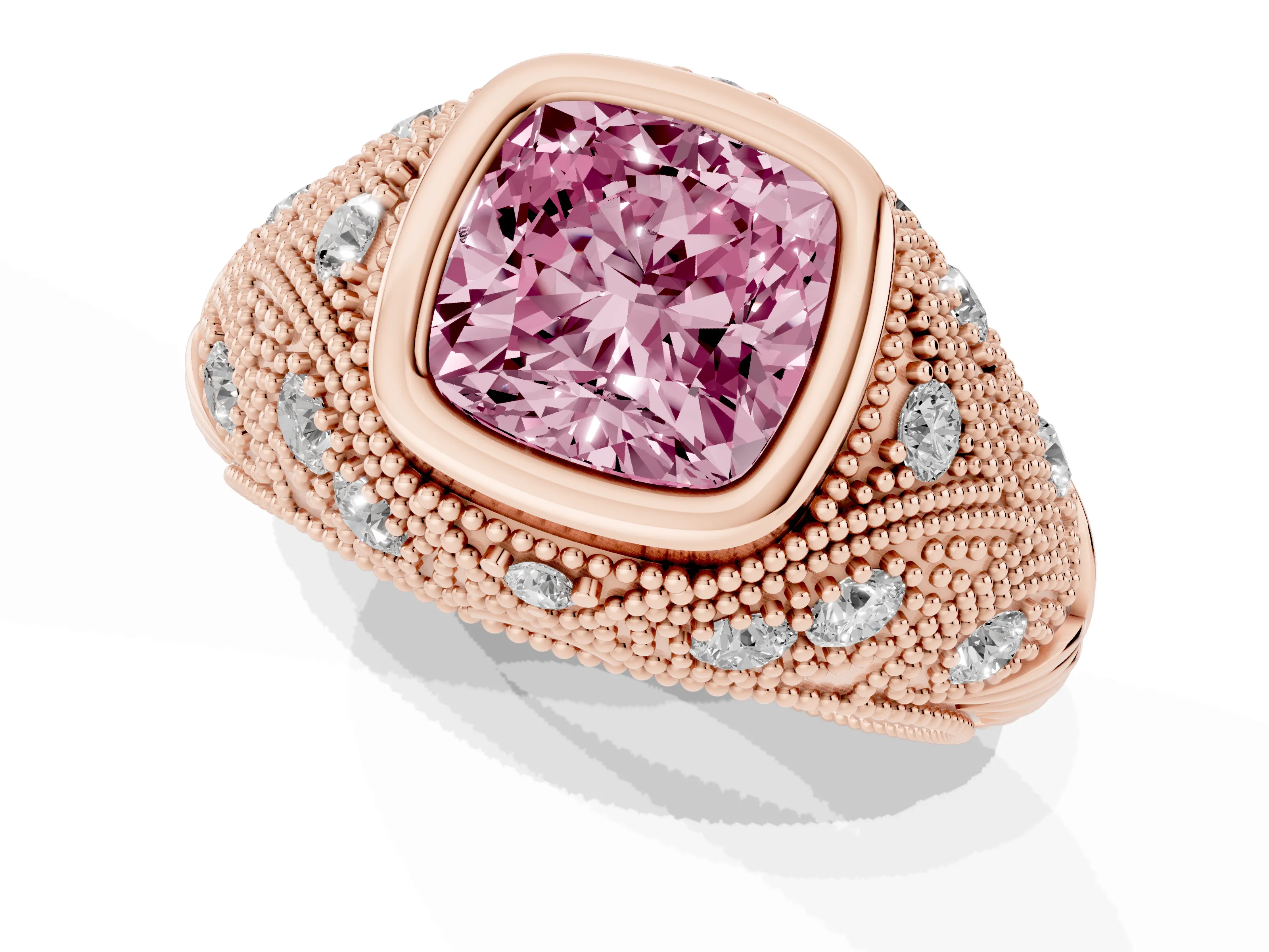 Fancy Pink Cushion Cut Diamond Bezel Ring Set in Rose gold with Milgrain Accent Band