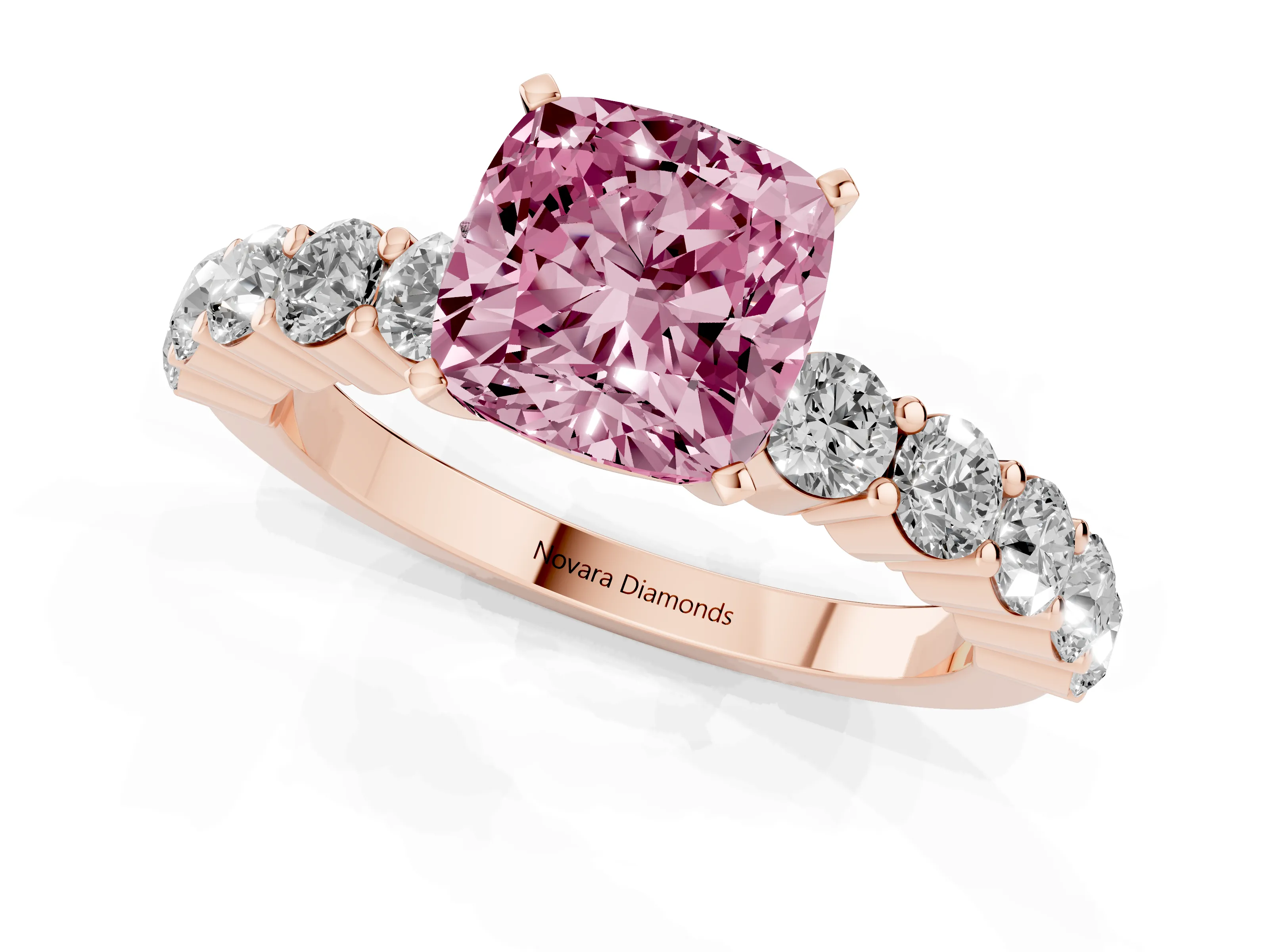 Fancy Pink Cushion Cut Diamond Solitaire Ring Set in Rose gold with Shared Prong Round Side Stones