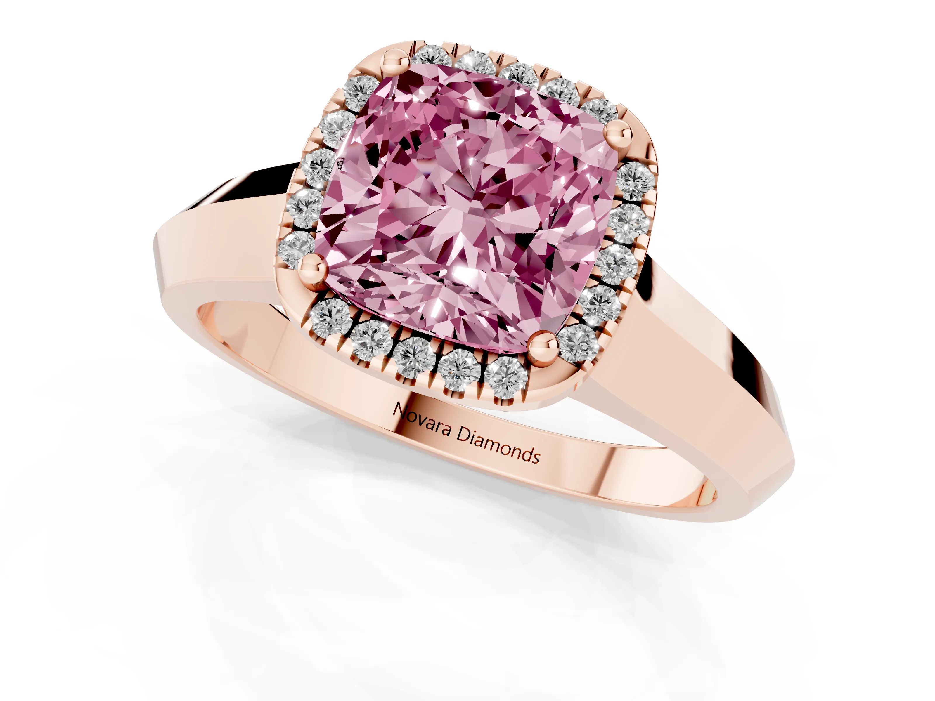 Fancy Pink Cushion Cut Diamond Halo Ring Set in Rose gold with Cathedral Band and Prong Setting