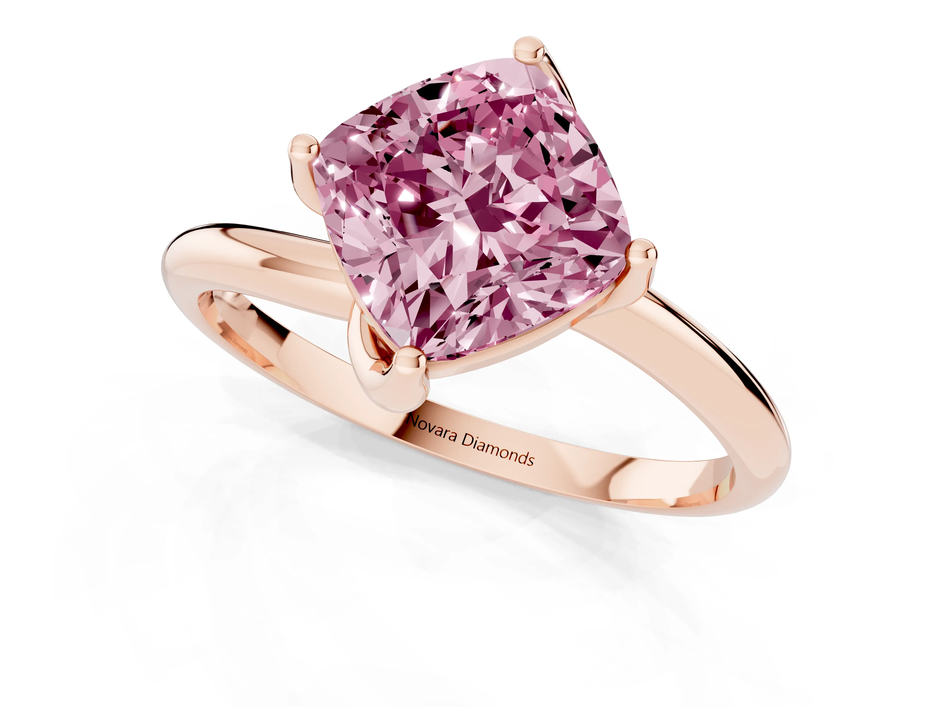 Fancy Pink Cushion Cut Diamond Solitaire Engagement Ring Set in Rose gold with Classic Plain Band