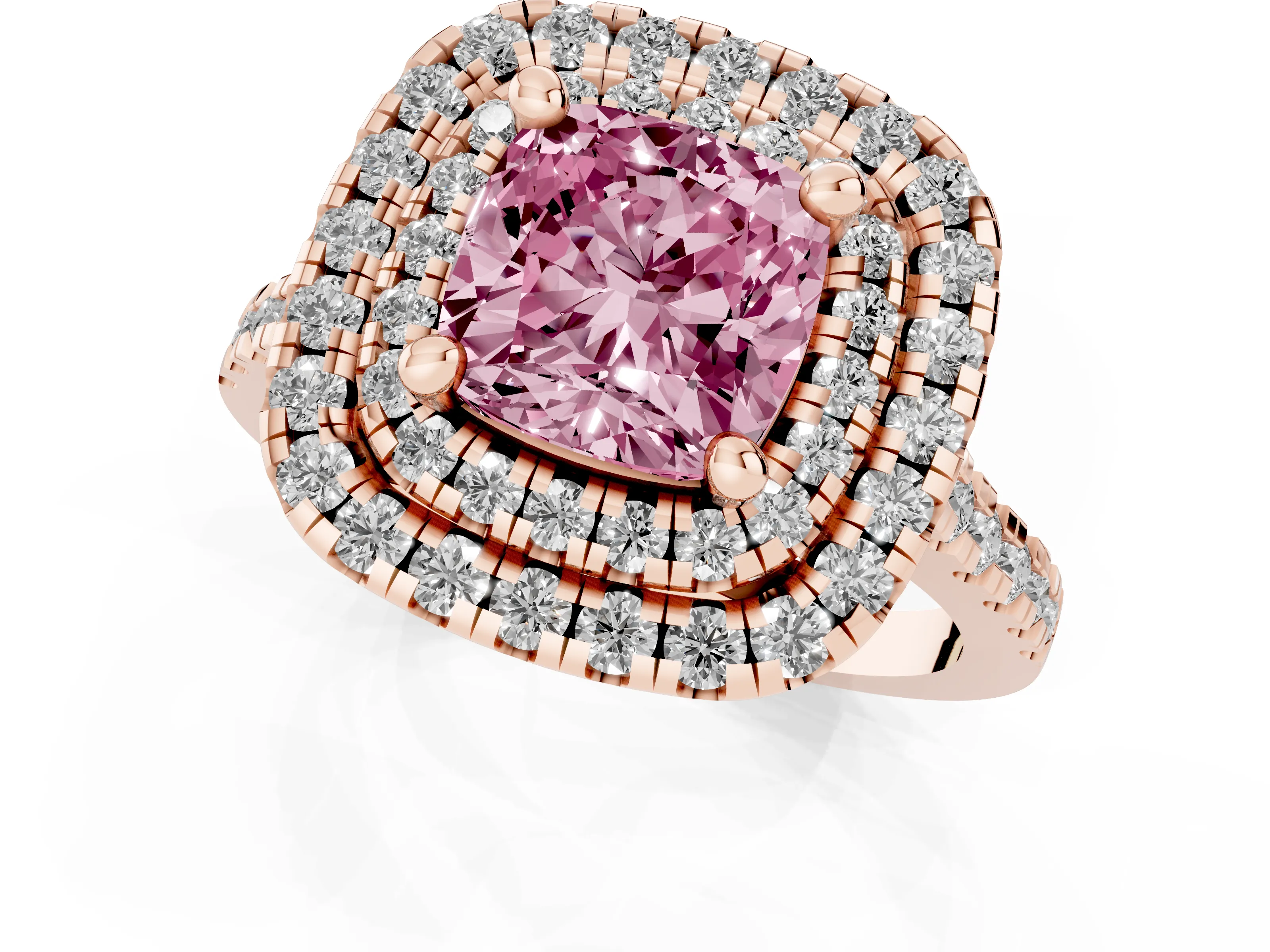 Fancy Pink Cushion Cut Diamond Double Halo Statement Ring Set in Rose gold with Pavé Band