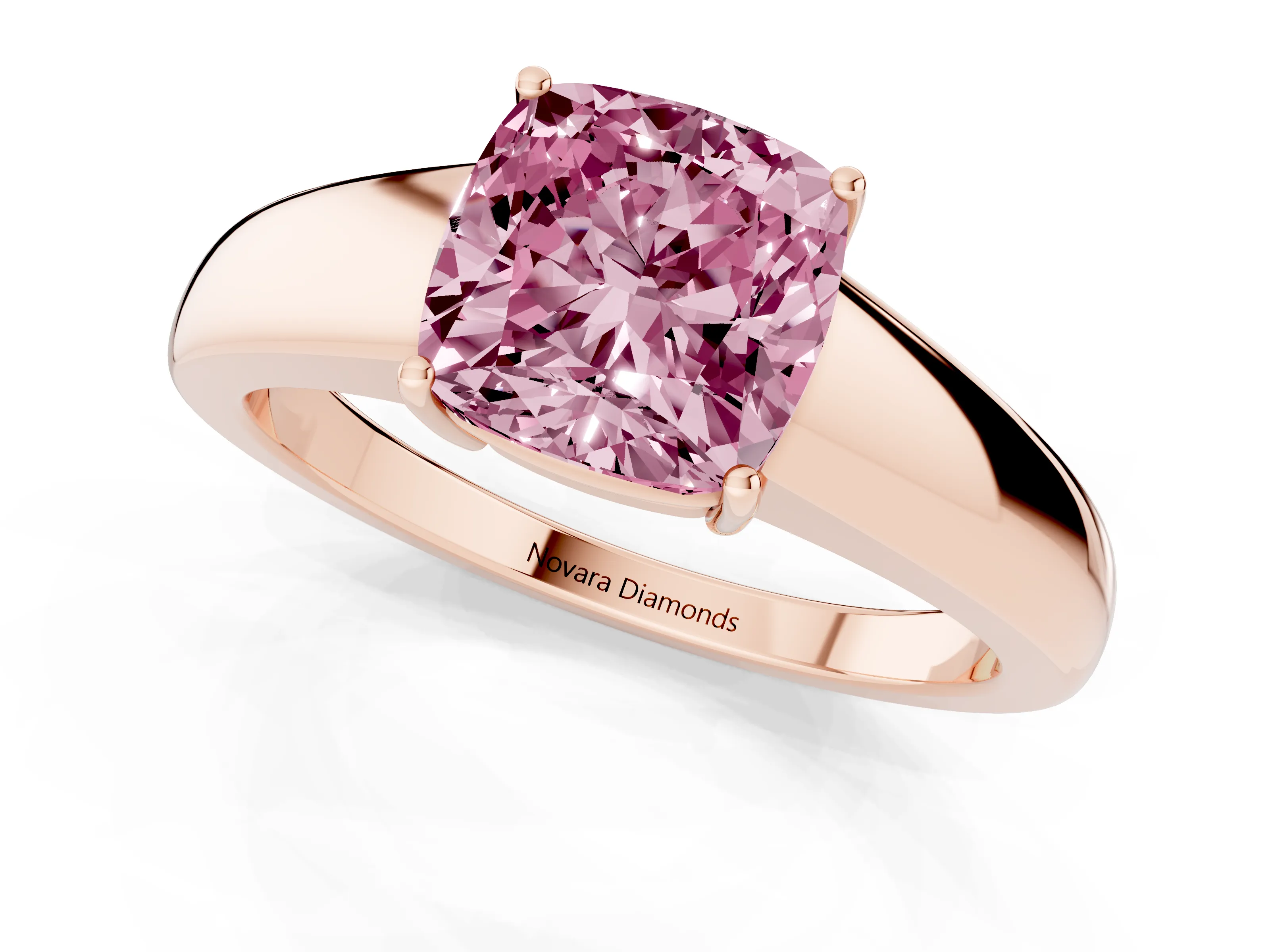 Fancy Pink Cushion Cut Diamond Solitaire Ring Set in Rose gold with Tapered Band and Prong Setting