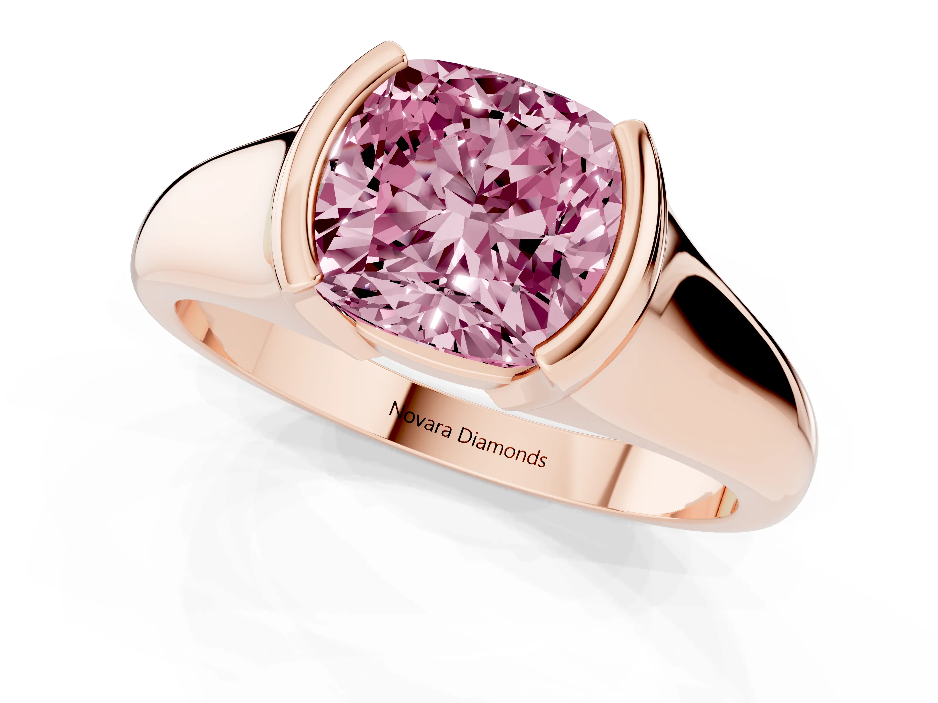 Fancy Pink Cushion Cut Diamond Solitaire Tension Set Ring Set in Rose gold with Split Shank Band