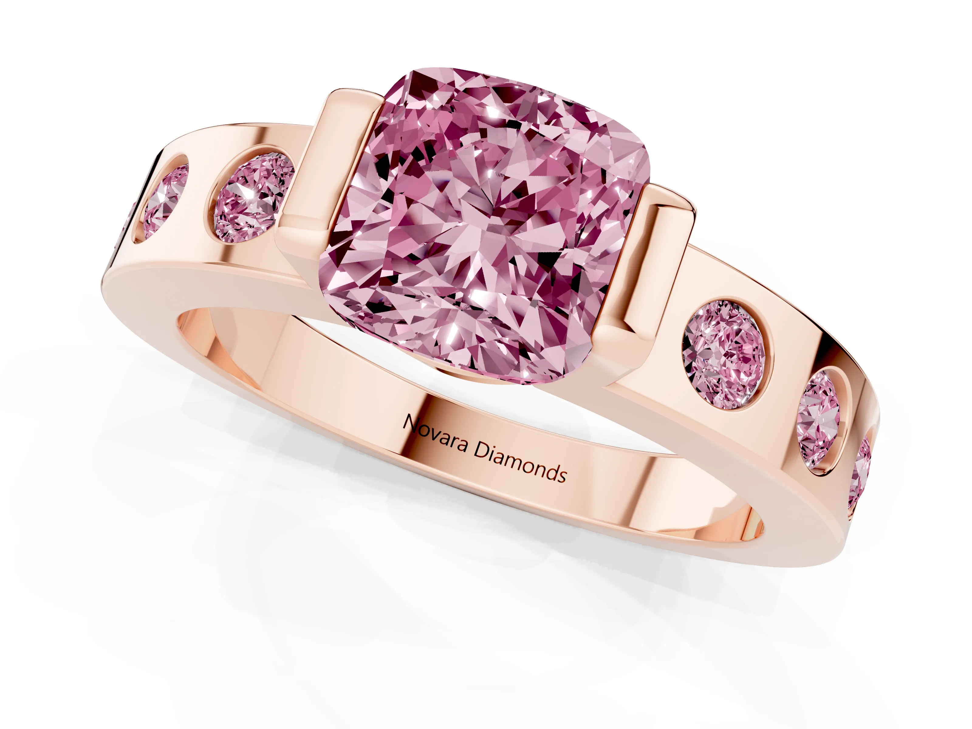 Fancy Pink Cushion Cut Diamond Channel-Set Band Ring Set in Rose gold with Bezel Prong Setting