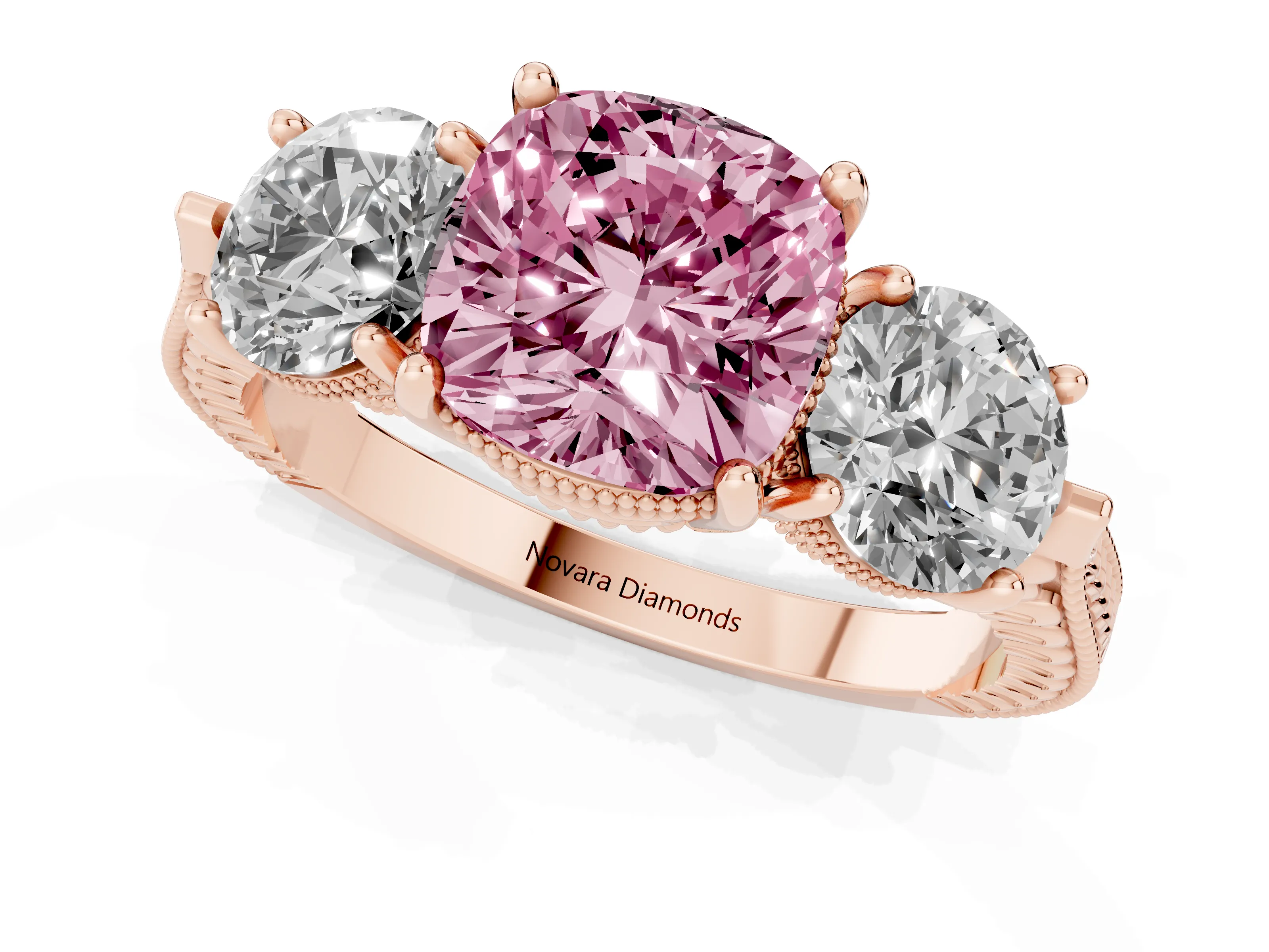 Fancy Pink Cushion Cut Diamond Three-Stone Ring Set in Rose gold with Milgrain Band