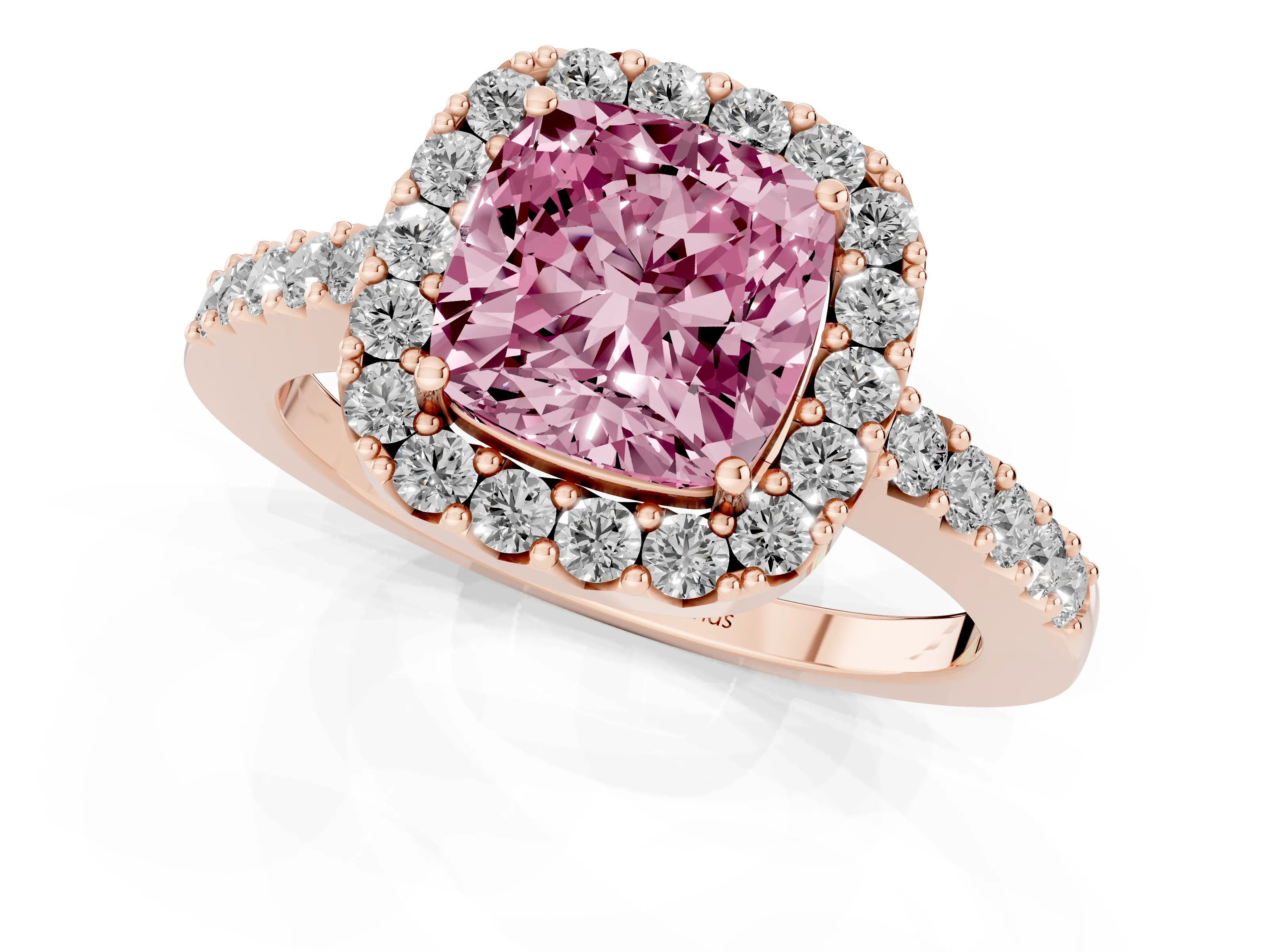 Fancy Pink Cushion Cut Diamond Halo Pavé Solitaire Ring Set in Rose gold with Prong-Set Center Stone