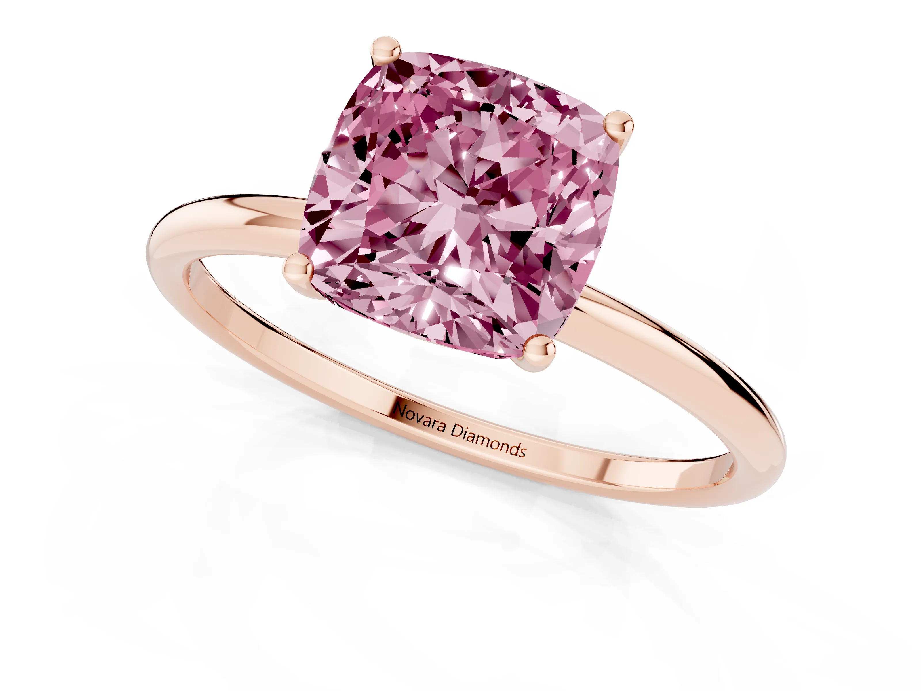 Fancy Pink Cushion Cut Diamond Solitaire Engagement Ring Set in Rose gold with Thin Band and Prong Setting