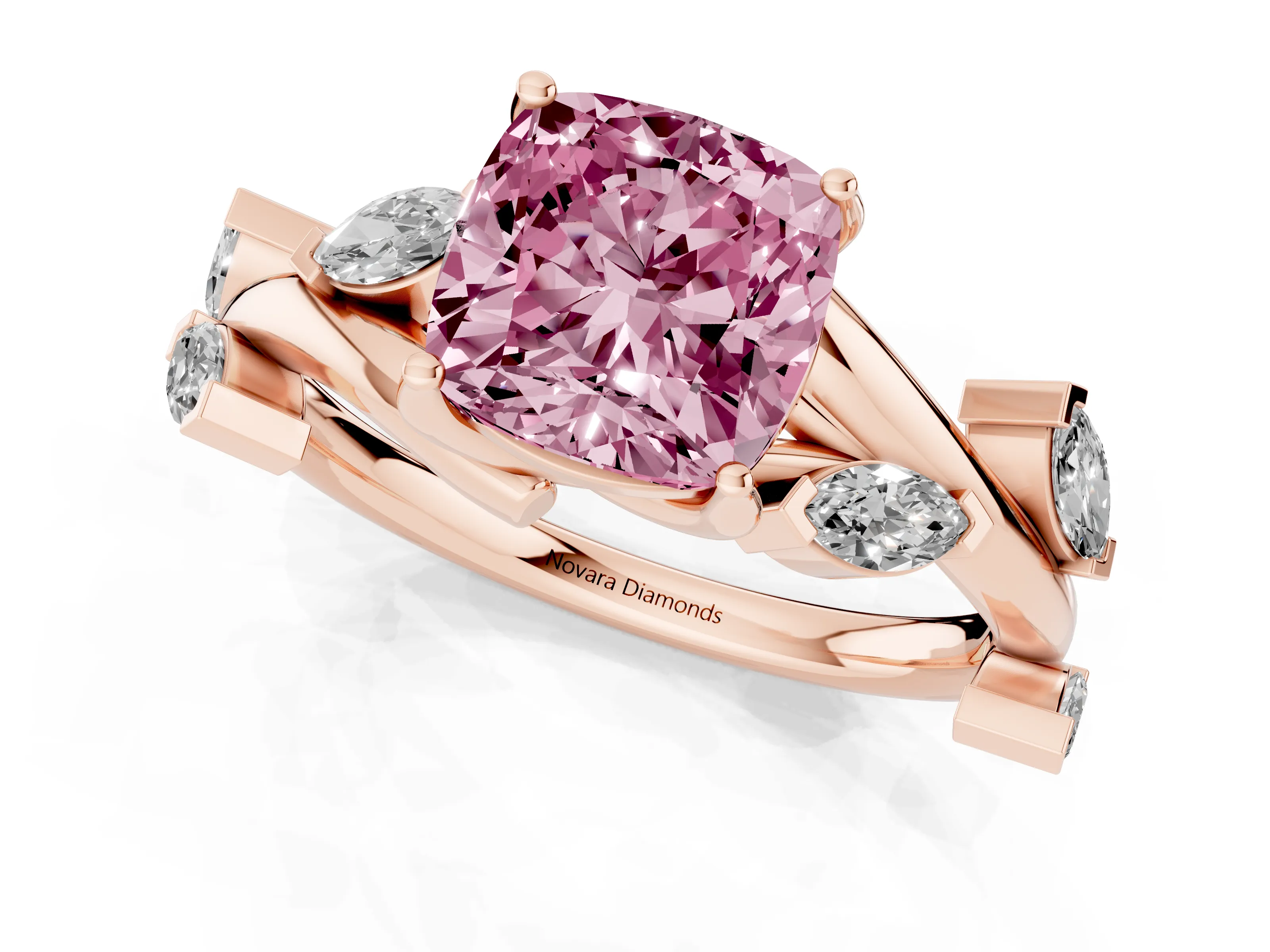 Fancy Pink Cushion Cut Diamond Solitaire Ring Set in Rose gold with Twisted Marquise Accent Band