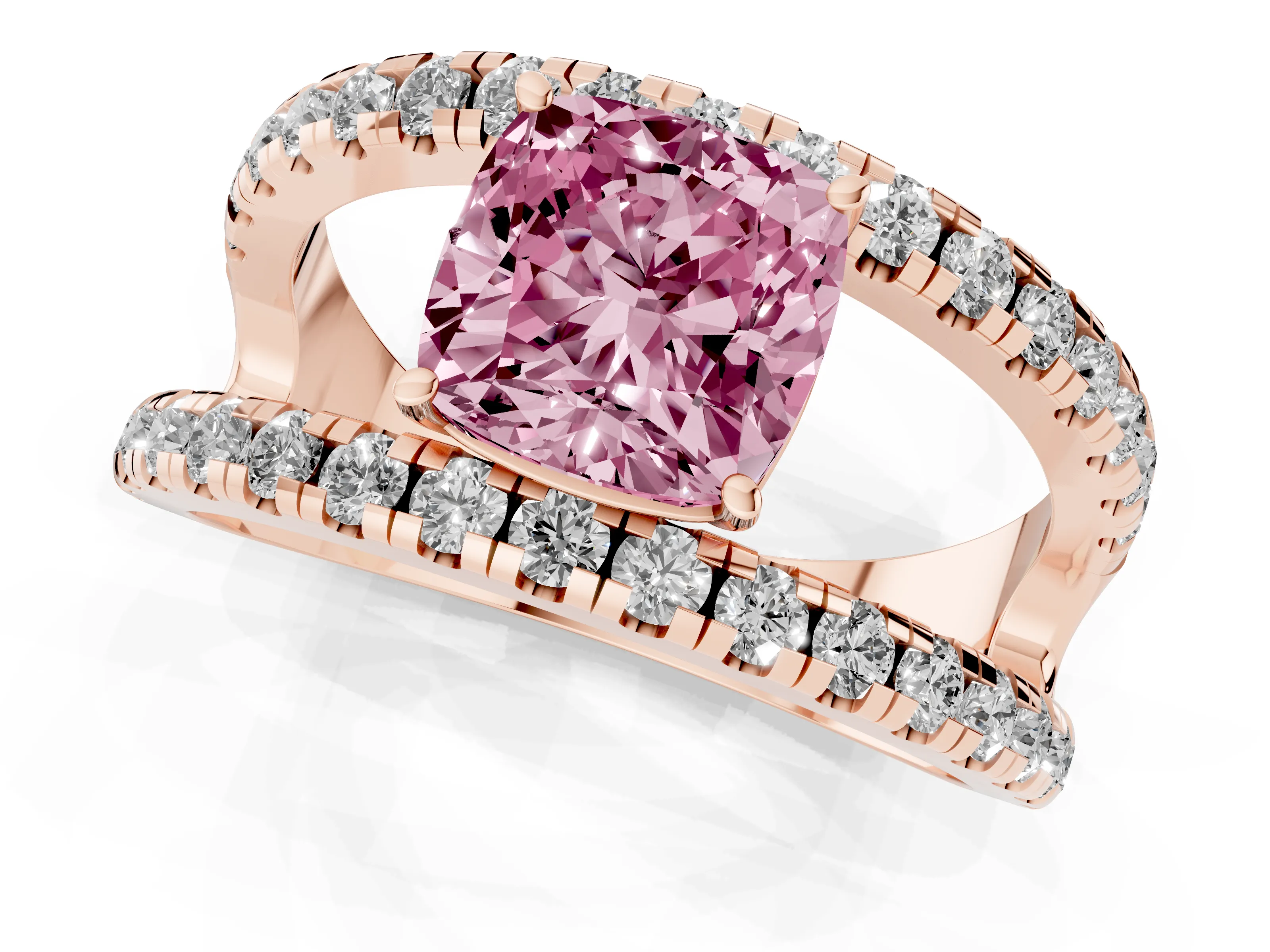 Fancy Pink Cushion Cut Diamond Split Shank Pavé Solitaire Ring Set in Rose gold with Open Shank Design