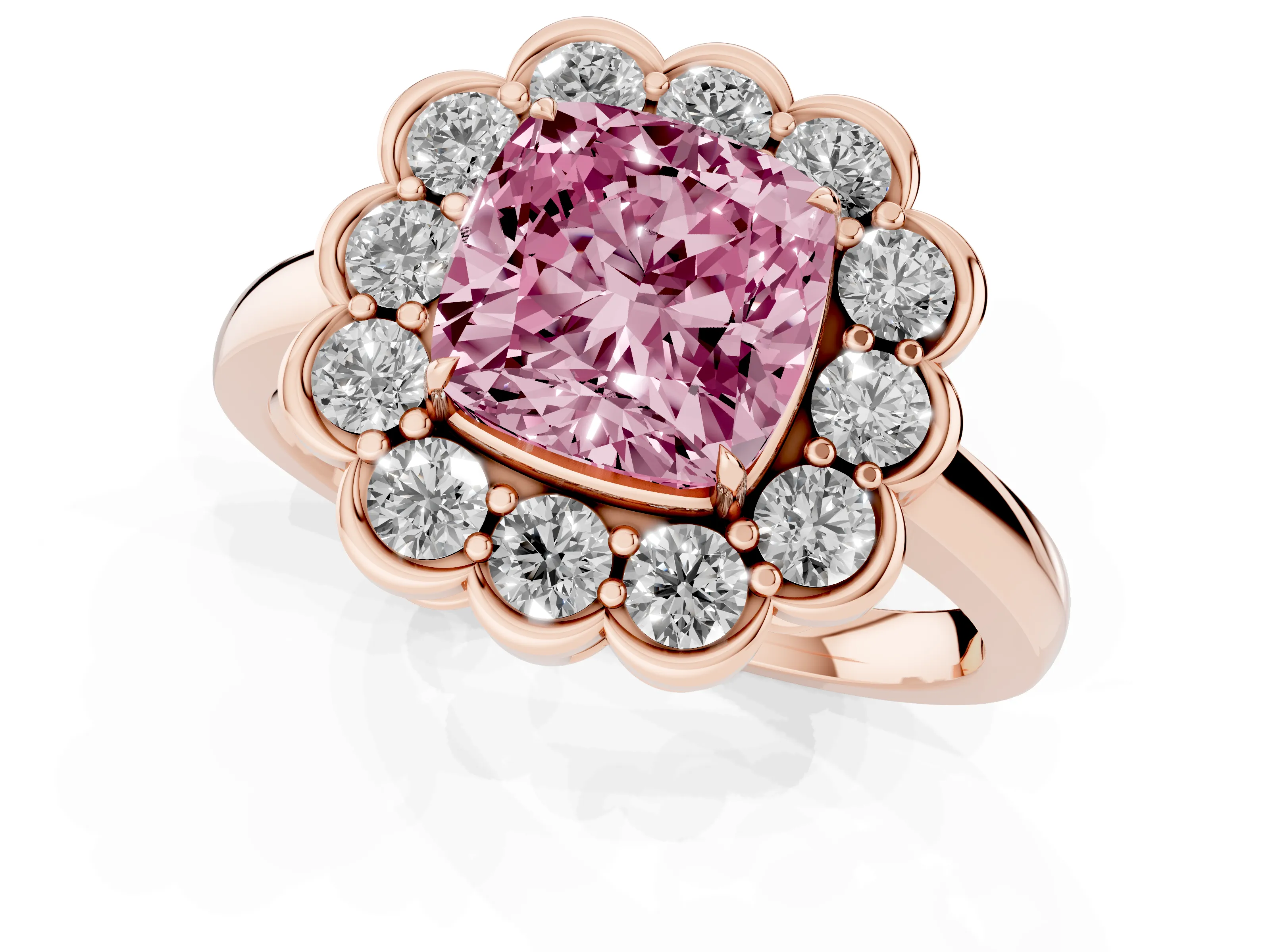Fancy Pink Cushion Cut Diamond Halo Cluster Engagement Ring Set in Rose gold with Solitaire Band and Prong Setting