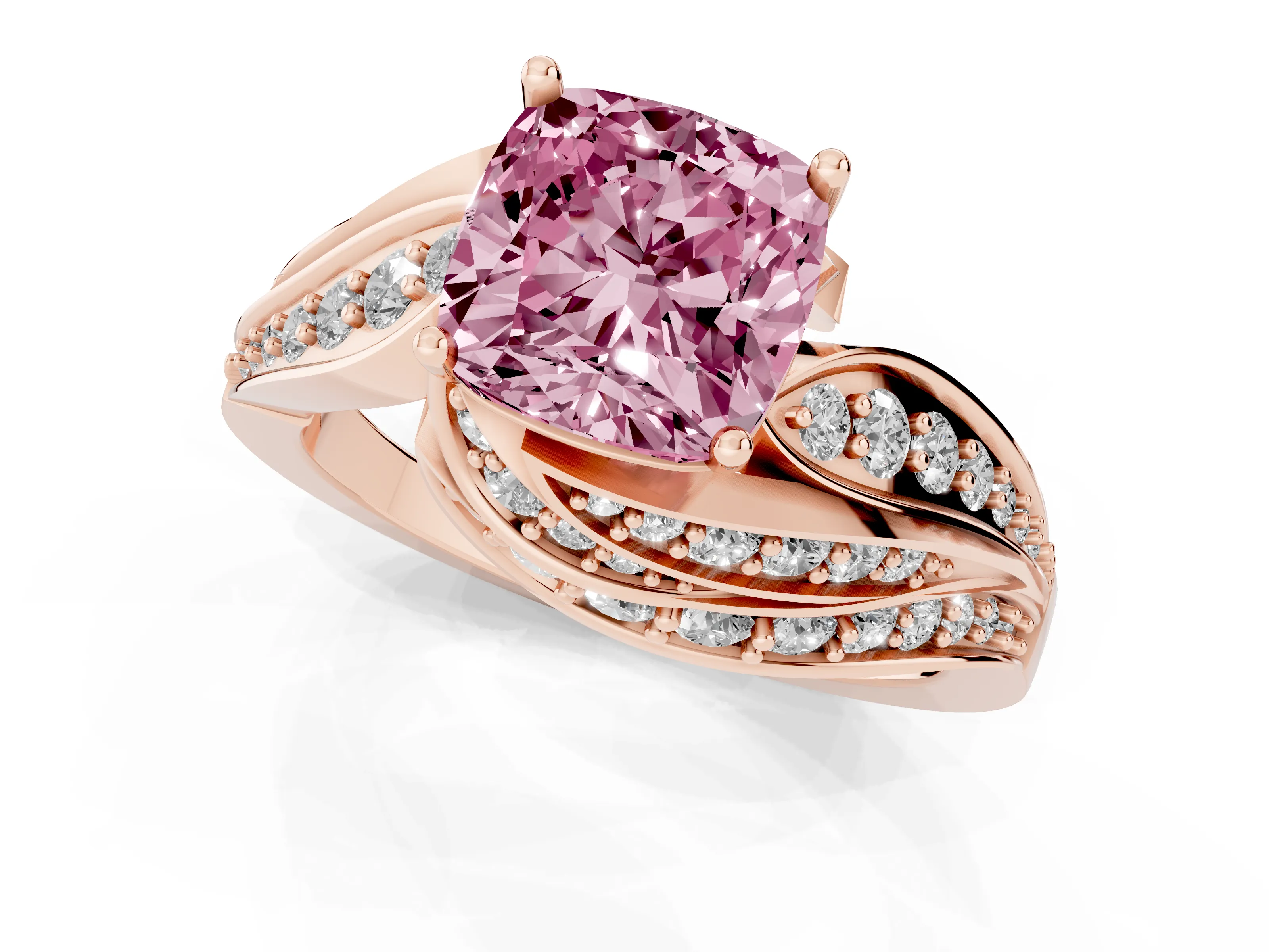 Fancy Pink Cushion Cut Diamond Solitaire Ring Set in Rose gold with Layered Twist Pavé Band