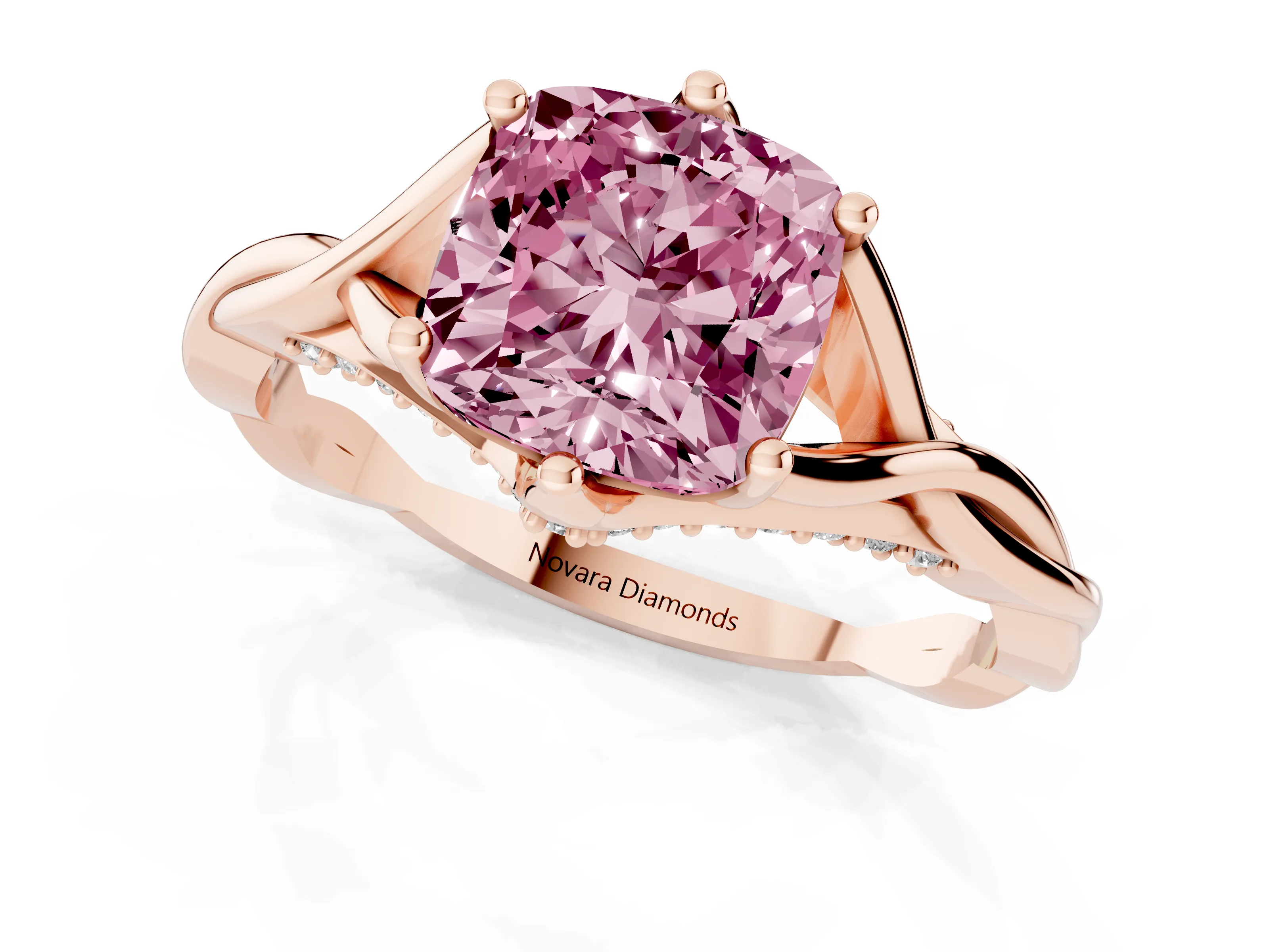 Fancy Pink Cushion Cut Diamond Intertwined Twist Band Solitaire Ring Set in Rose gold with Prong Setting