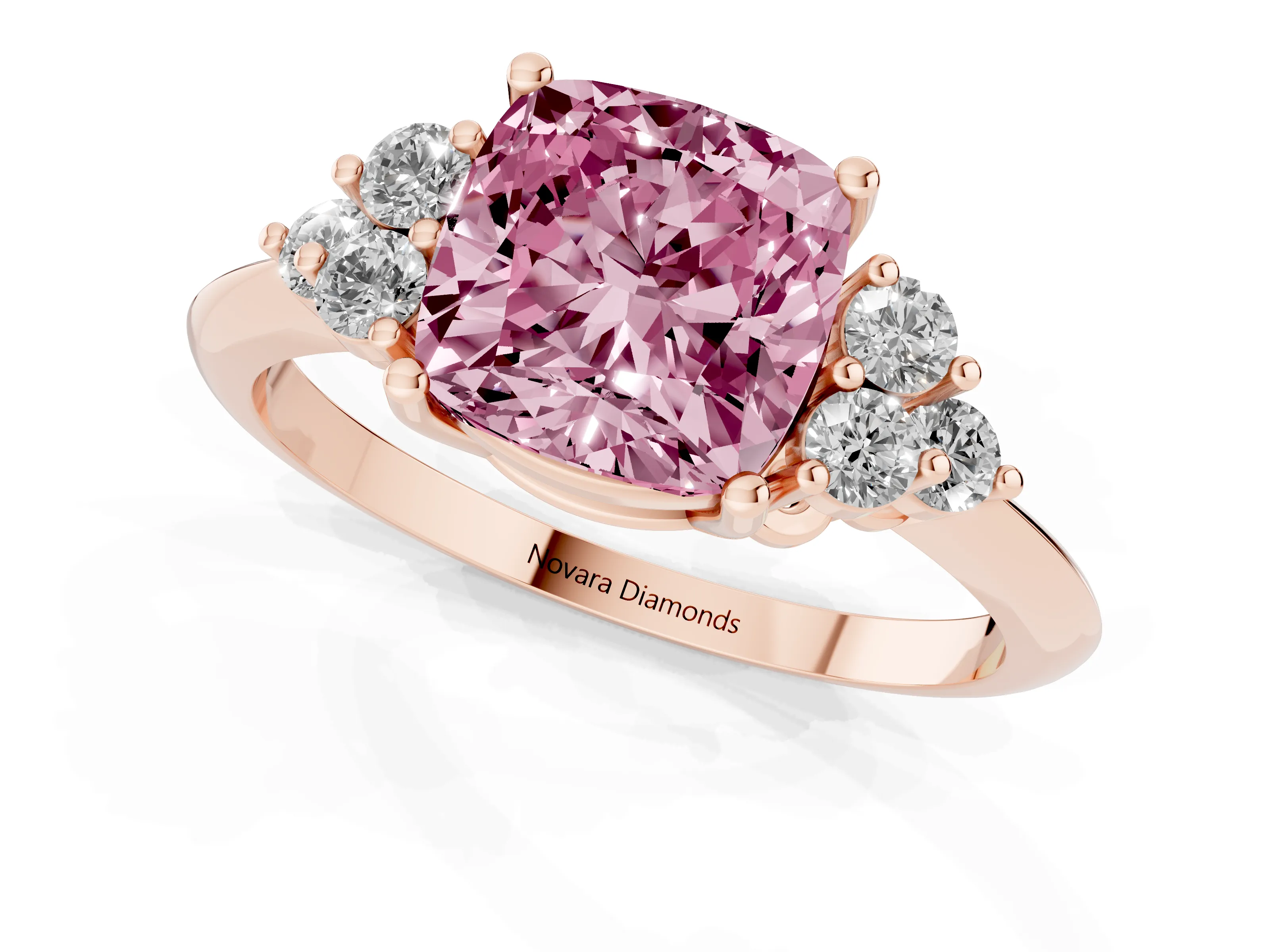 Fancy Pink Cushion Cut Diamond Cluster Ring Set in Rose gold with Plain Band and Prong Setting