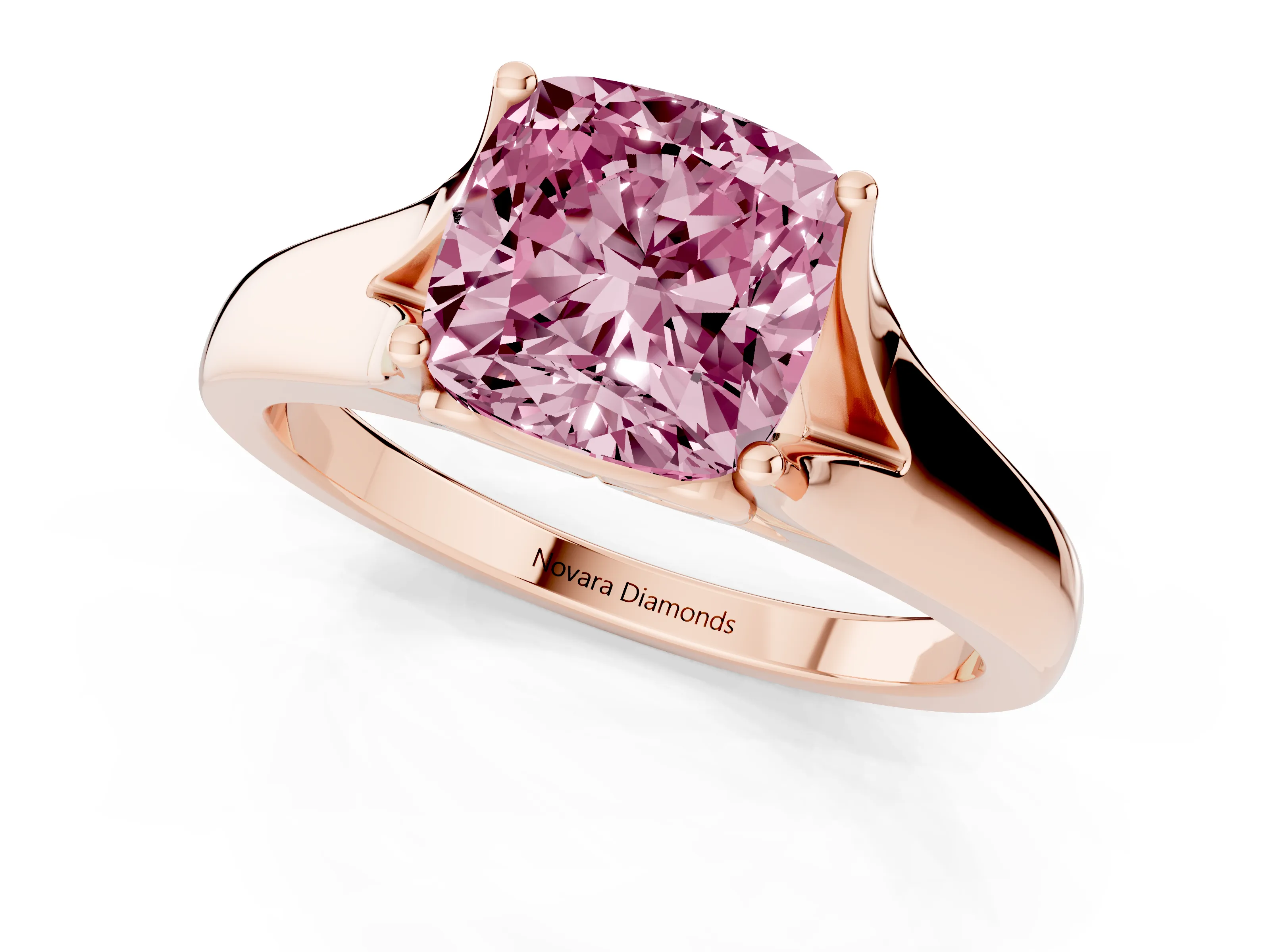 Fancy Pink Cushion Cut Diamond Solitaire Ring Set in Rose gold with Arched Cathedral Band and Prong Setting