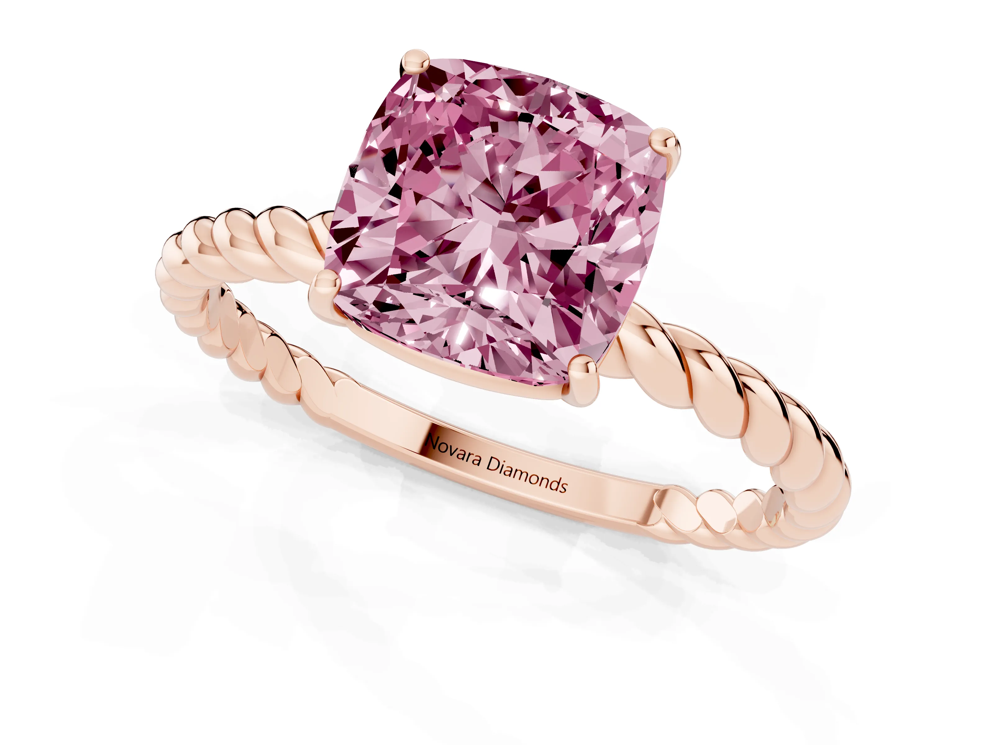 Fancy Pink Cushion Cut Diamond Solitaire Ring Set in Rose gold with Twist Band and Prong Setting