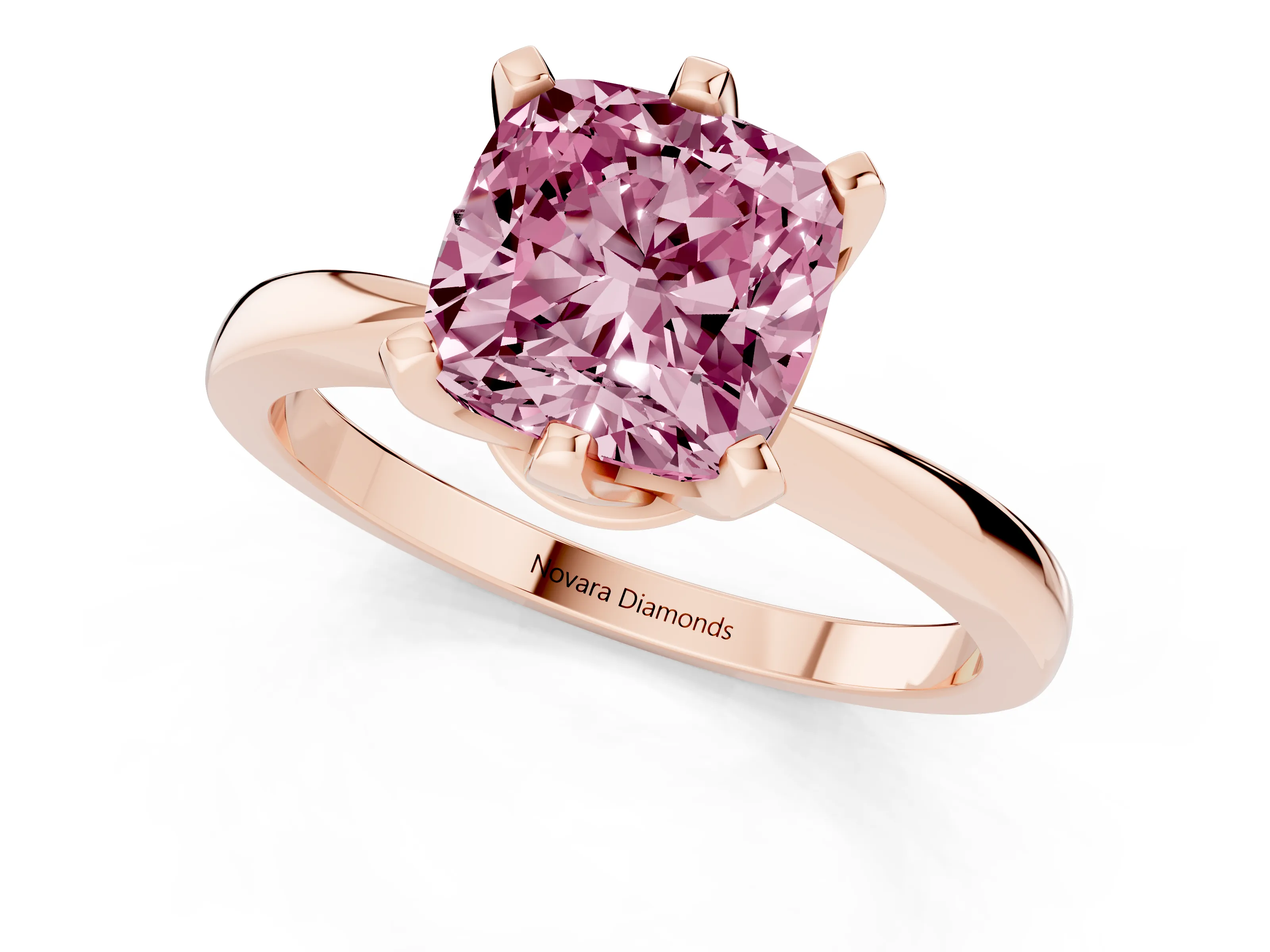 Fancy Pink Cushion Cut Diamond Solitaire Engagement Ring Set in Rose gold with Slim Tapered Solitaire Band