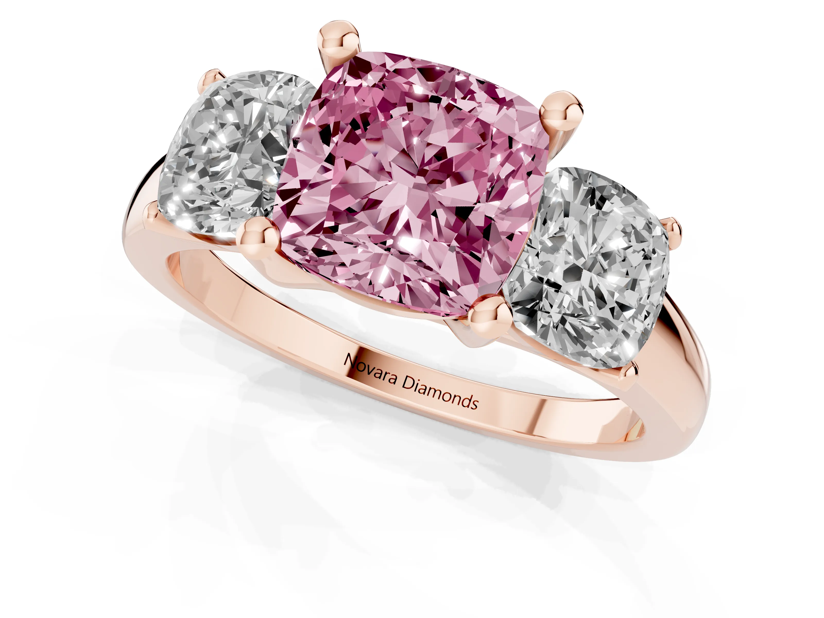 Fancy Pink Cushion Cut Diamond Three-Stone Ring Set in Rose gold with Classic Prong Setting and Plain Band