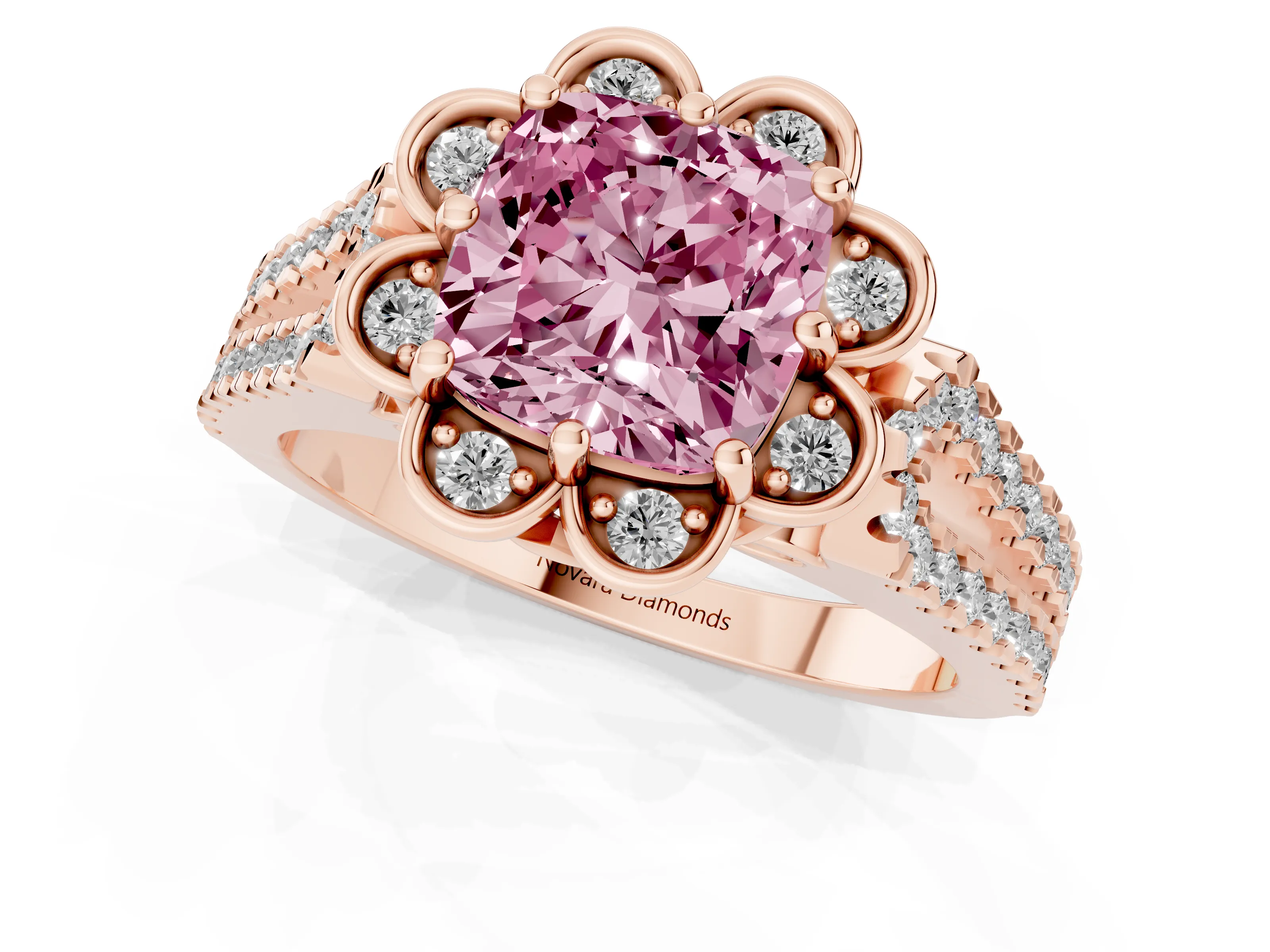 Fancy Pink Cushion Cut Diamond Floral Halo Split Shank Engagement Ring Set in Rose gold with Pavé Shank