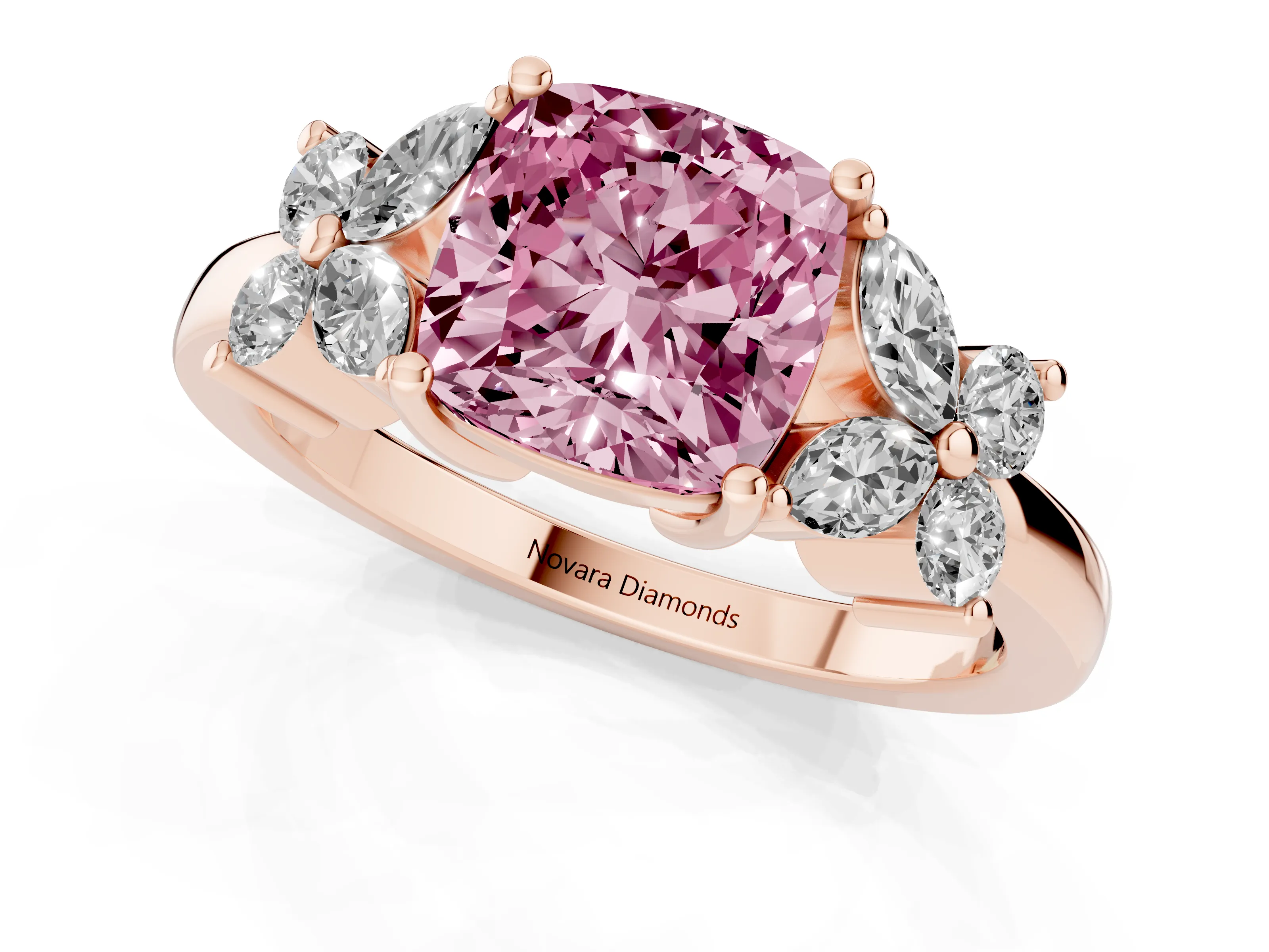 Fancy Pink Cushion Cut Diamond Floral Cluster Ring Set in Rose gold with Marquise Petals and Prong Setting