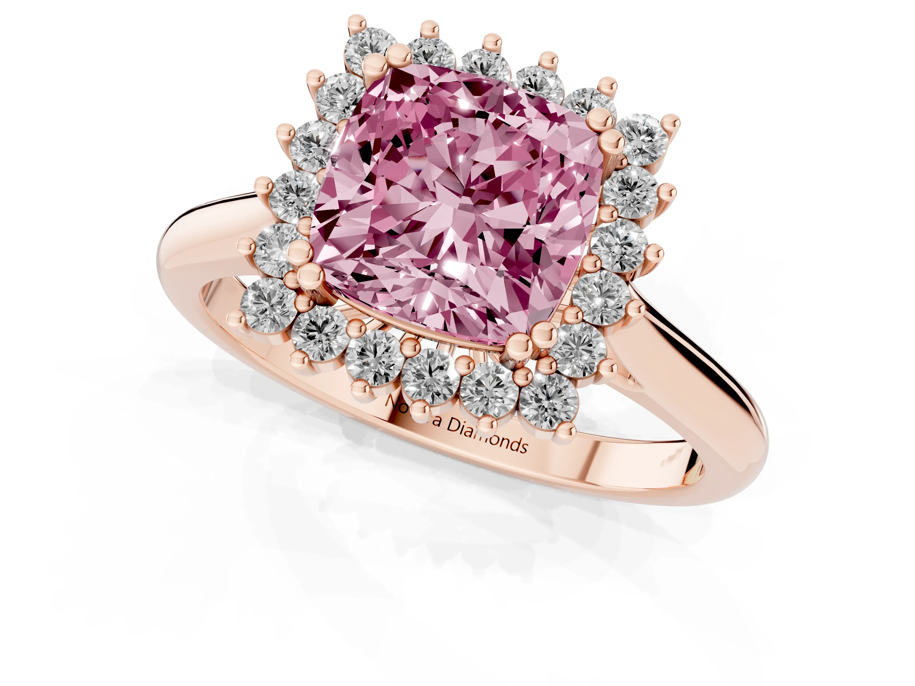 Fancy Pink Cushion Cut Diamond Halo Ring Set in Rose gold with Plain Solitaire Band and Prong Setting
