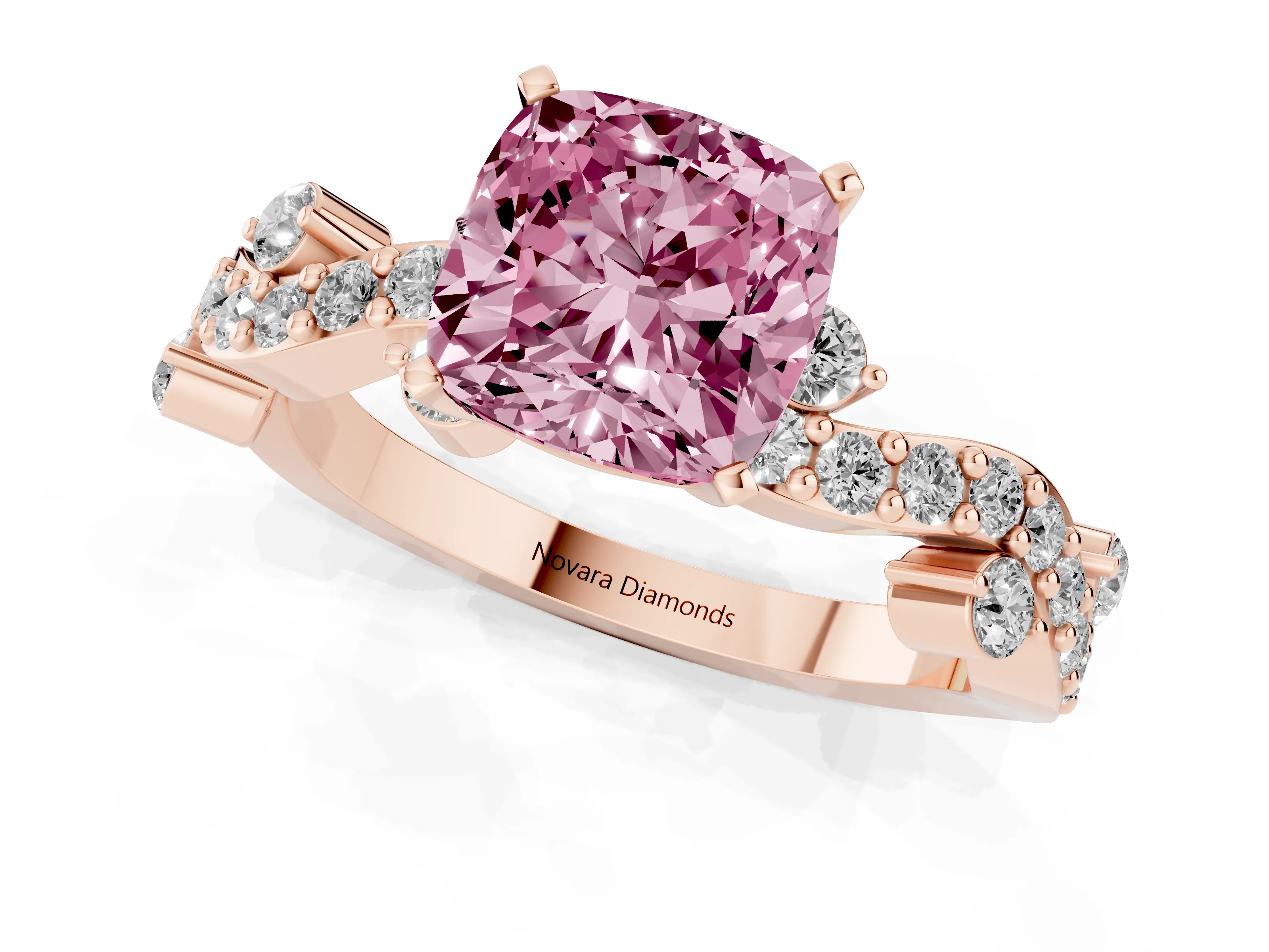 Fancy Pink Cushion Cut Diamond Solitaire Twisted Band Set in Rose gold with Pavé Setting