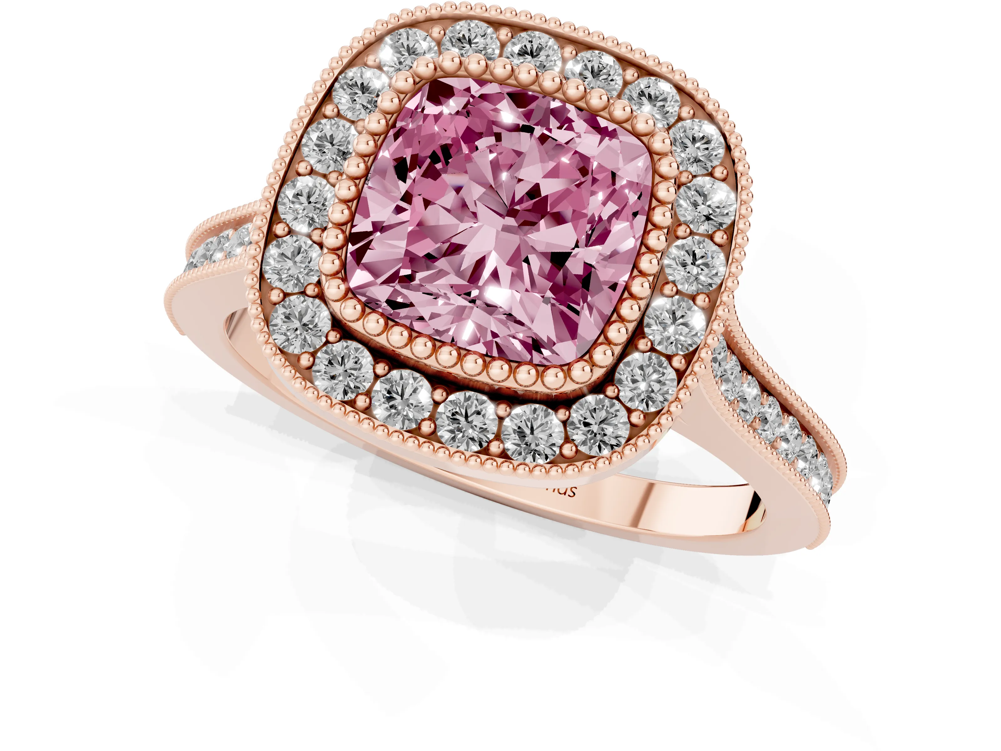 Fancy Pink Cushion Cut Diamond Halo Ring Set in Rose gold with Milgrain Frame and Pavé Band