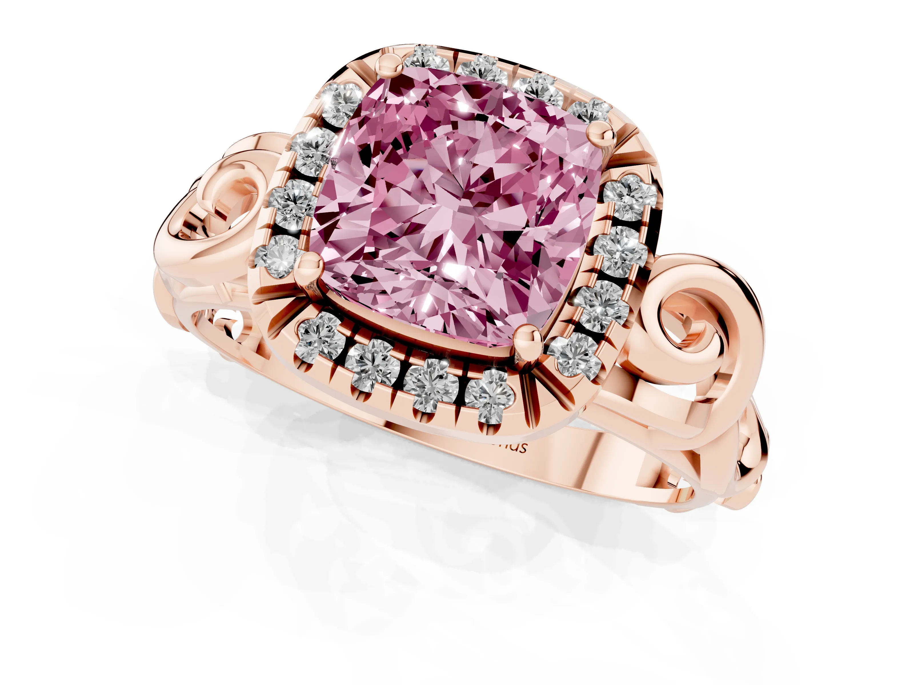 Fancy Pink Cushion Cut Diamond Halo Ring Set in Rose gold with Scrollwork Band and Prong Setting