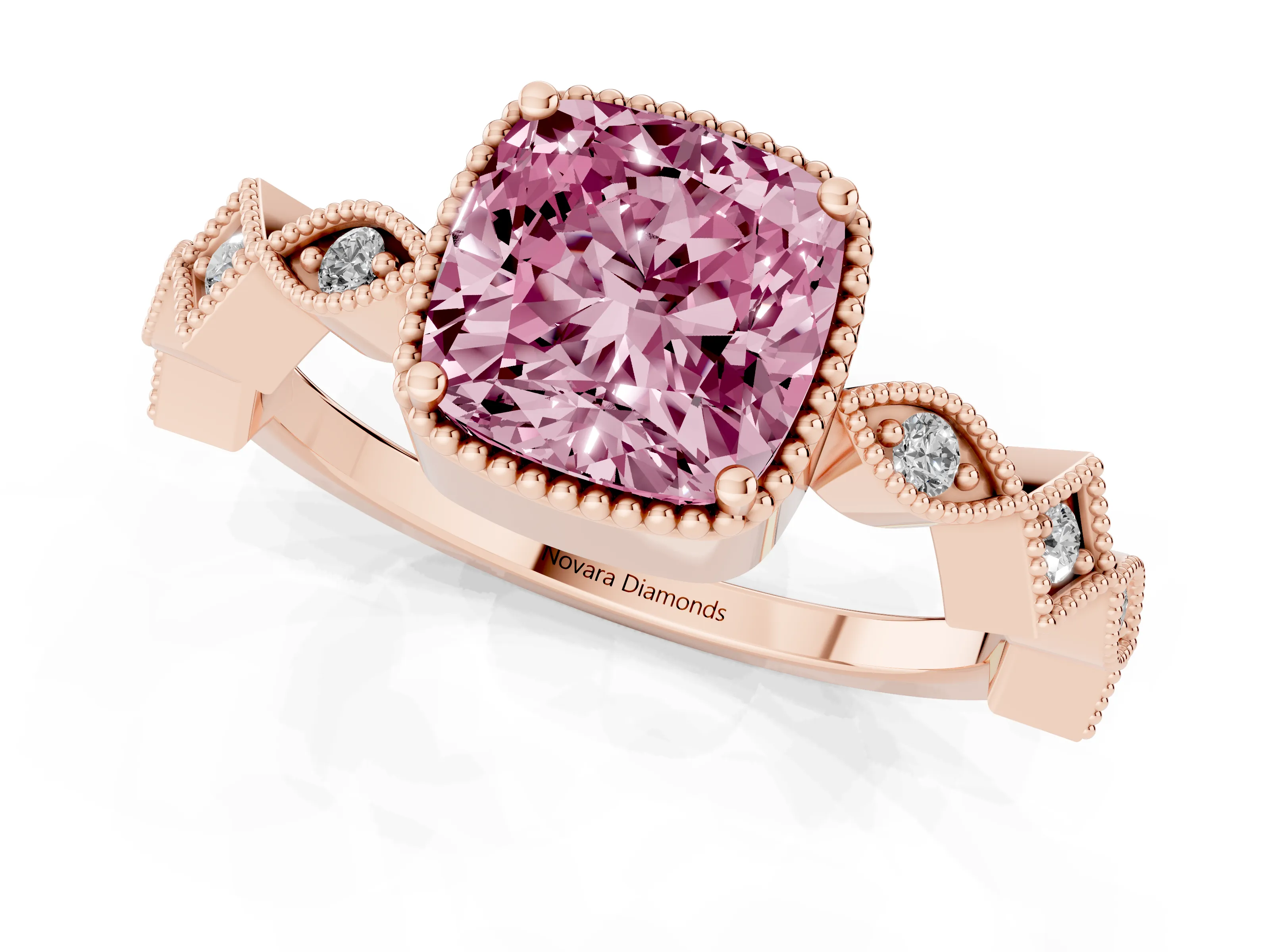 Fancy Pink Cushion Cut Diamond Milgrain Marquise Twist Band Ring Set in Rose gold with Prong Setting