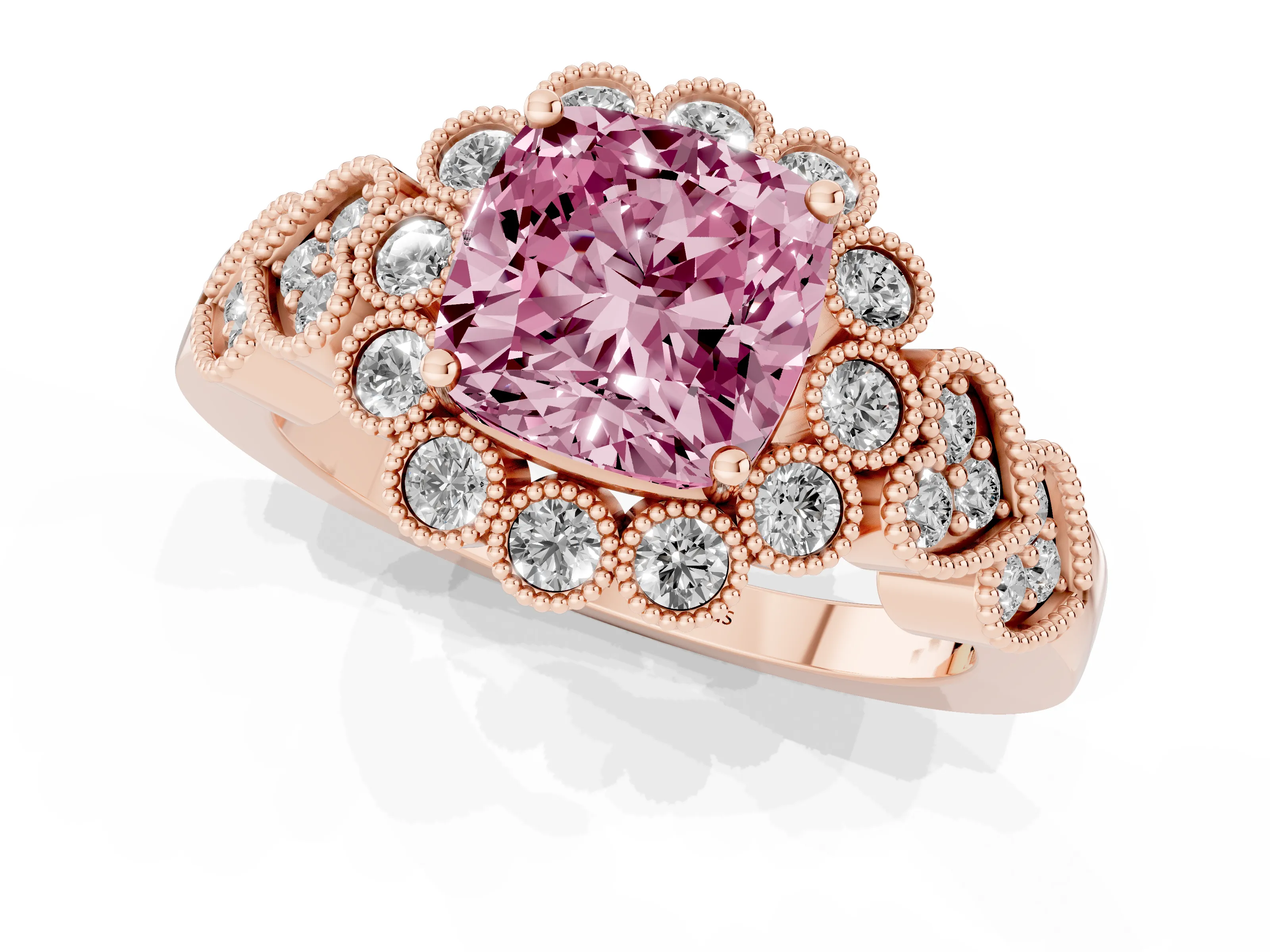 Fancy Pink Cushion Cut Diamond Solitaire Ring Set in Rose gold with Milgrain Pavé Heart Band