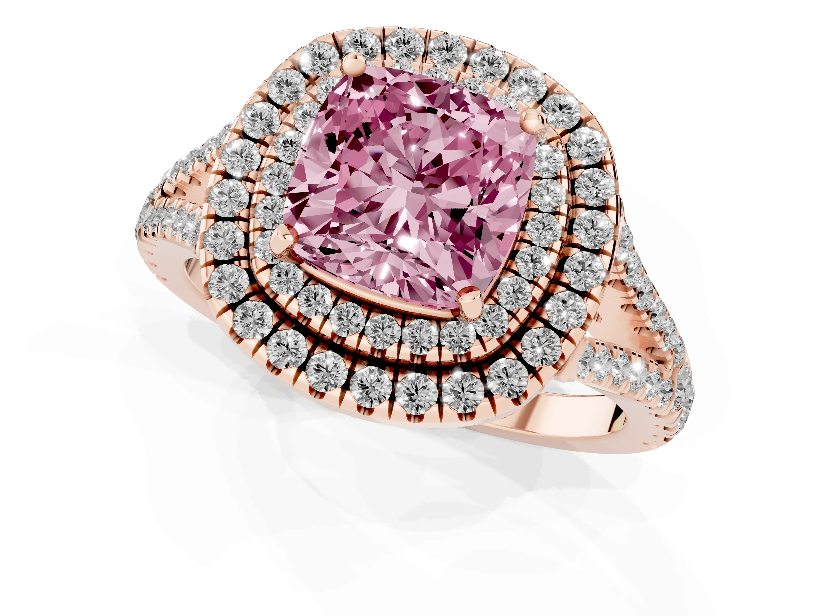 Fancy Pink Cushion Cut Diamond Double Halo Ring Set in Rose gold with Pavé Band