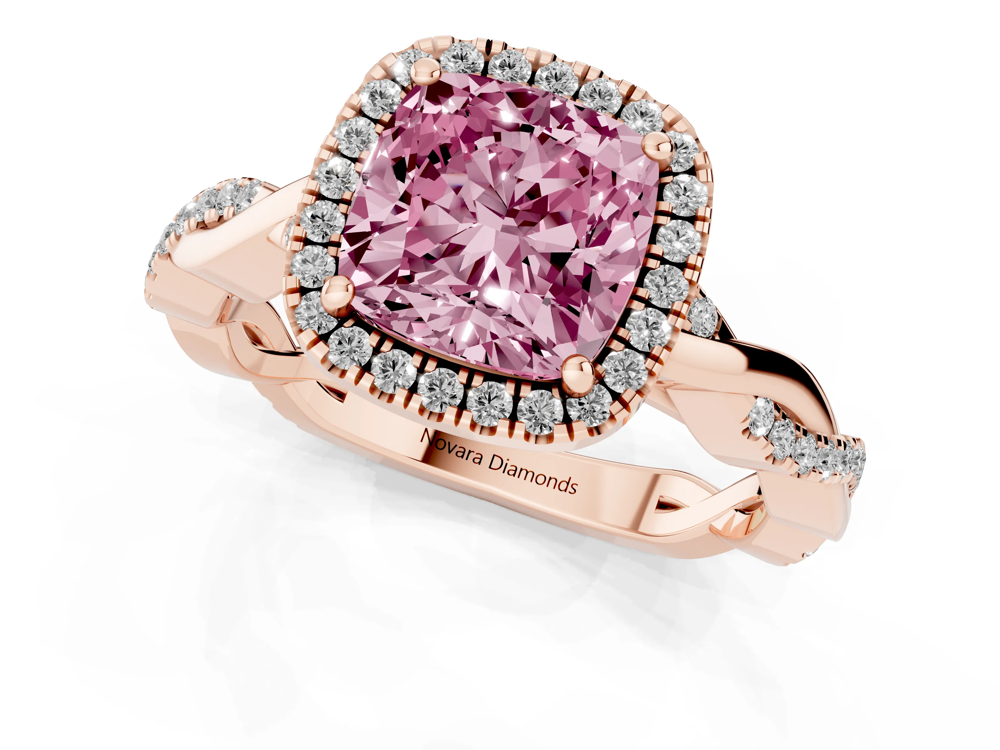 Fancy Pink Cushion Cut Diamond Halo Twisted Band Ring Set in Rose gold with Prong Setting