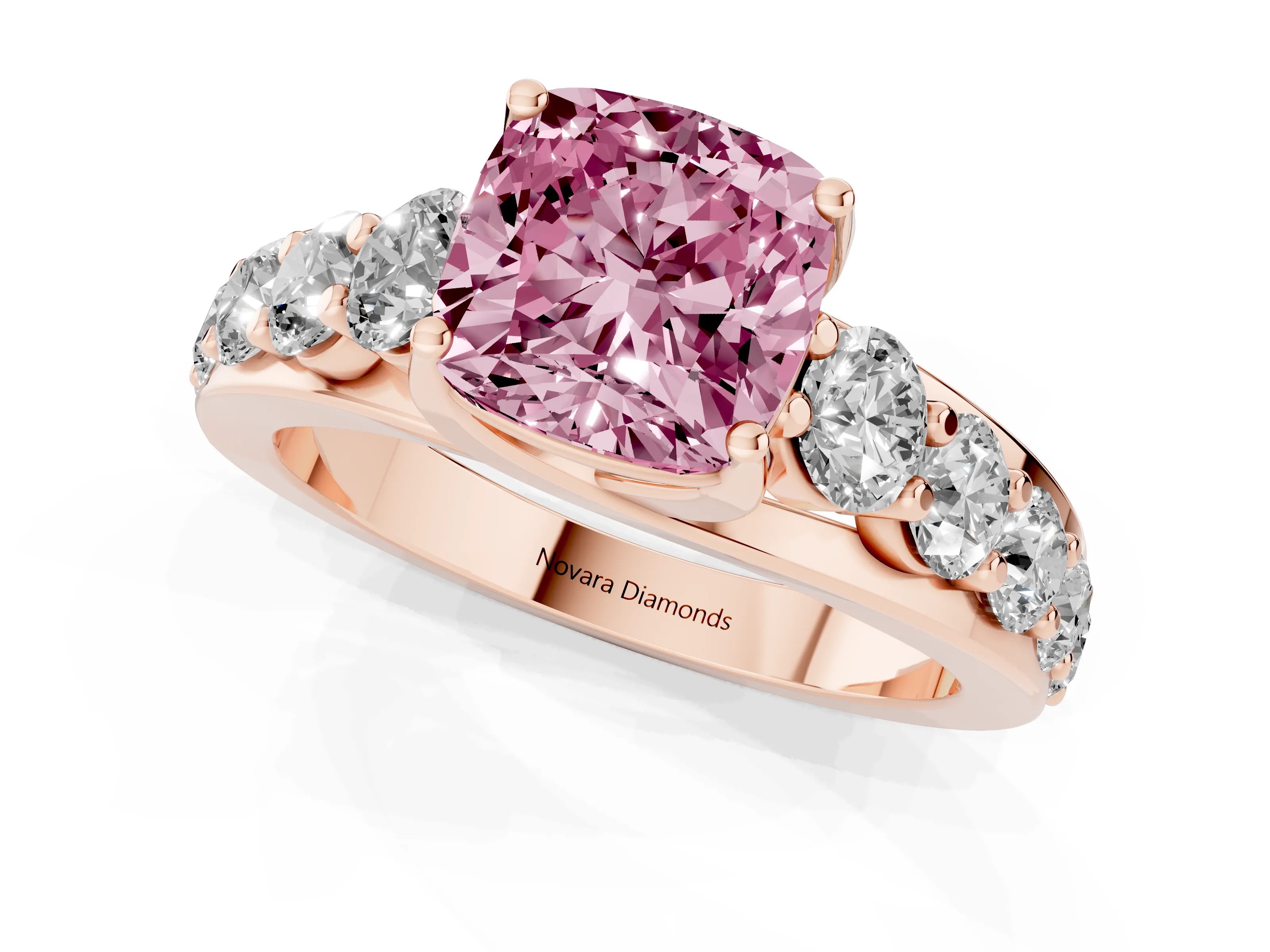 Fancy Pink Cushion Cut Diamond Pavé Engagement Ring Set in Rose gold with Prong Setting