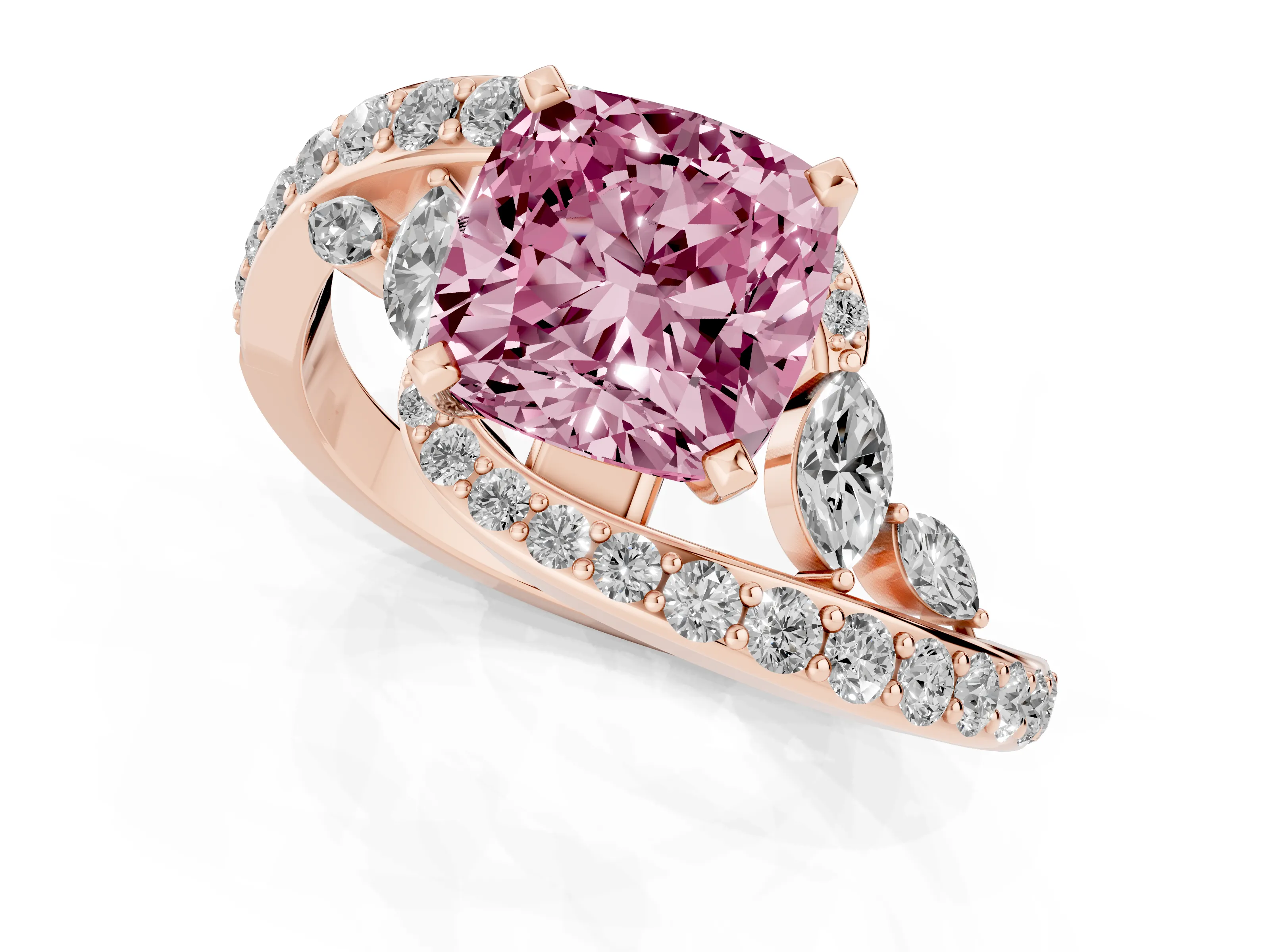 Fancy Pink Cushion Cut Diamond Solitaire Ring Set in Rose gold with Filigree Band and Prong Setting