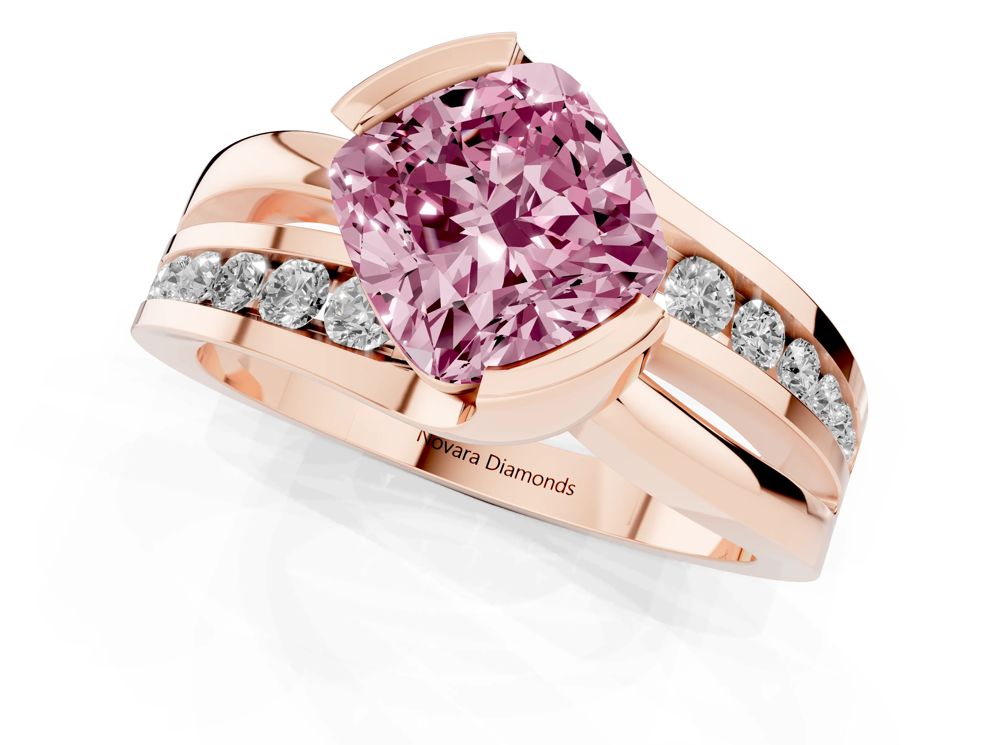 Fancy Pink Cushion Cut Diamond Solitaire Ring Set in Rose gold with Channel Set Split Shank and Tension Prongs