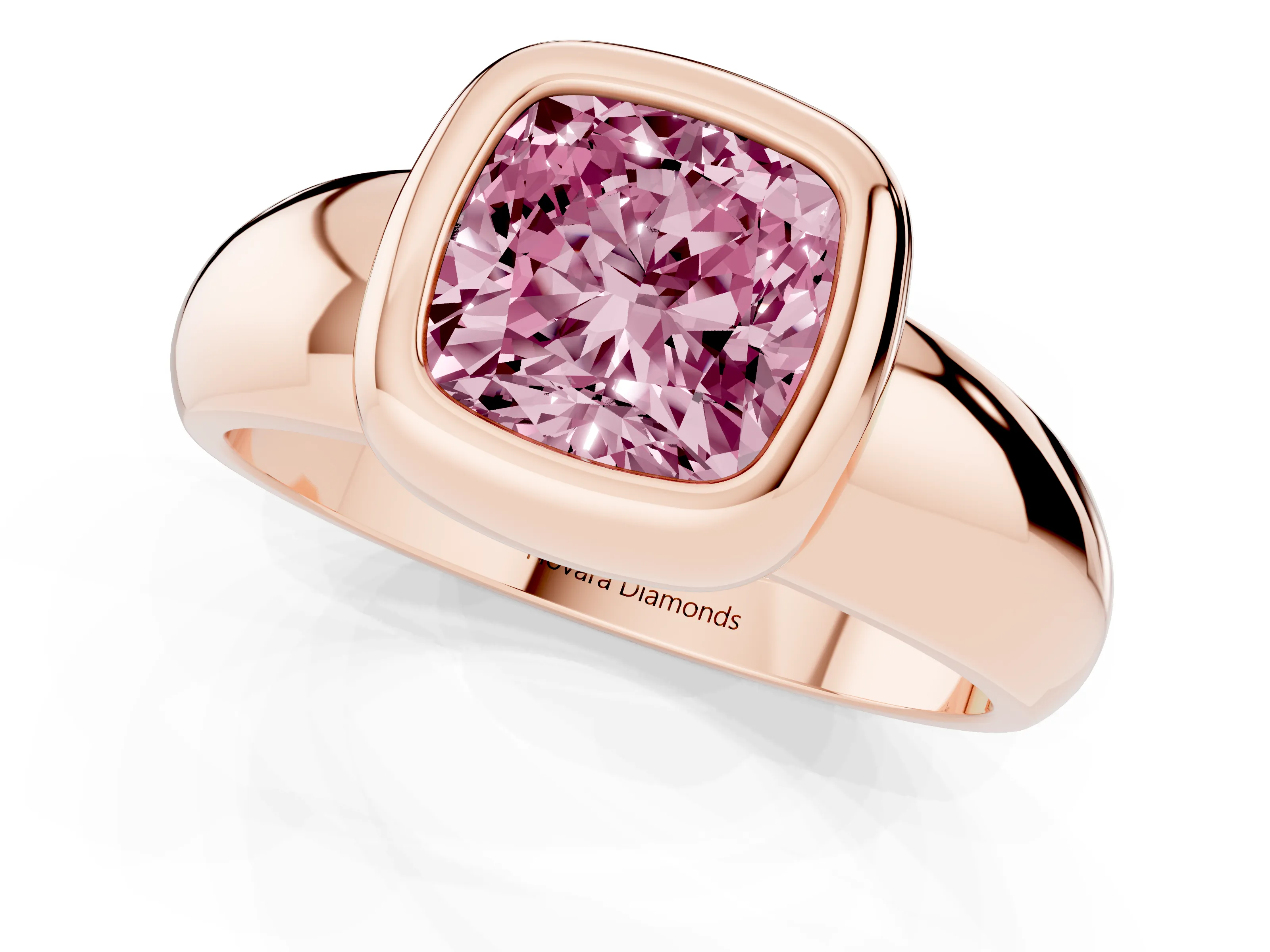 Fancy Pink Bezel Set Cushion Cut Diamond Solitaire Ring Set in Rose gold with Wide Band