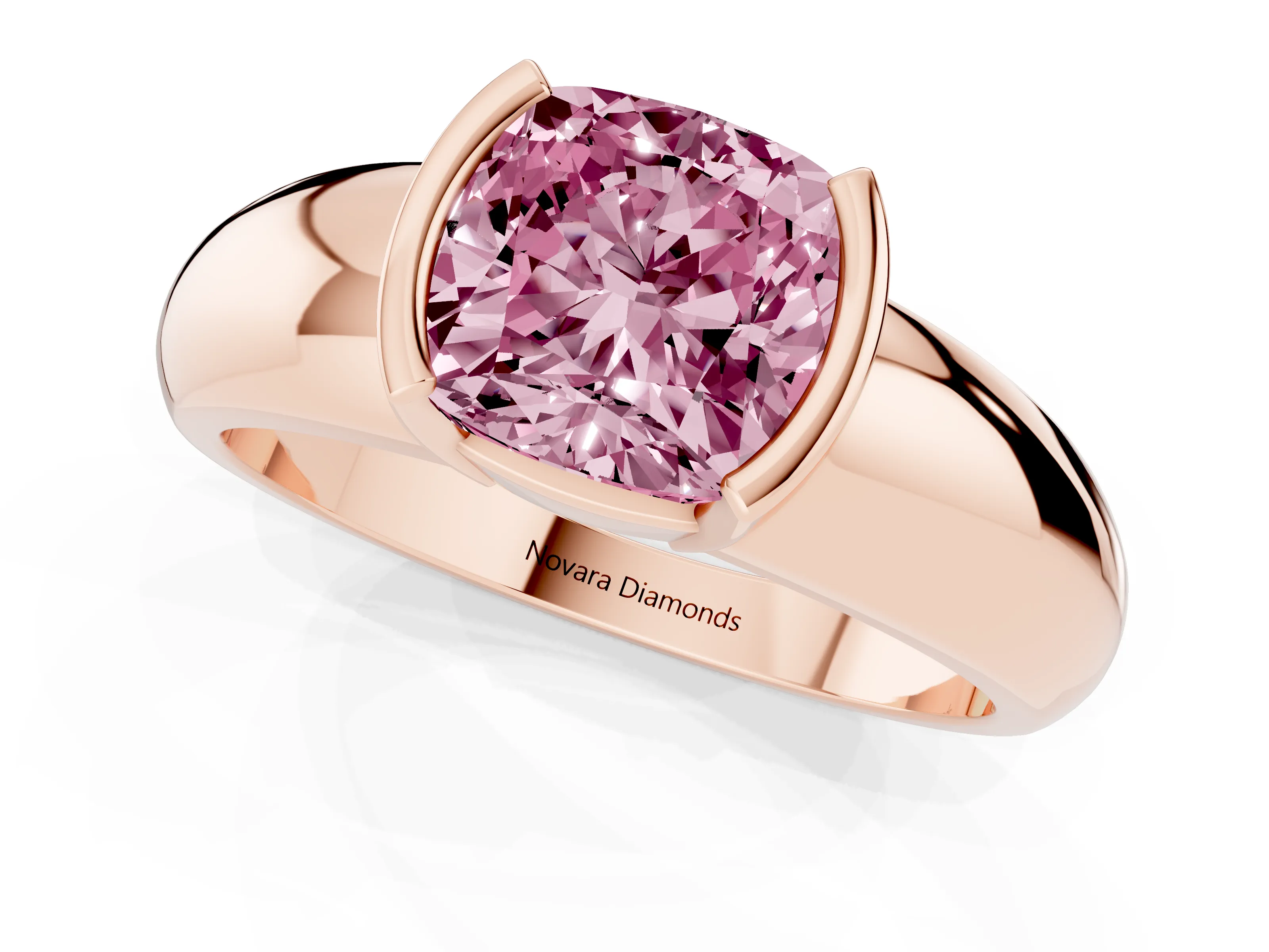Fancy Pink Cushion Cut Diamond Solitaire Tension Set Ring Set in Rose gold with Wide Band