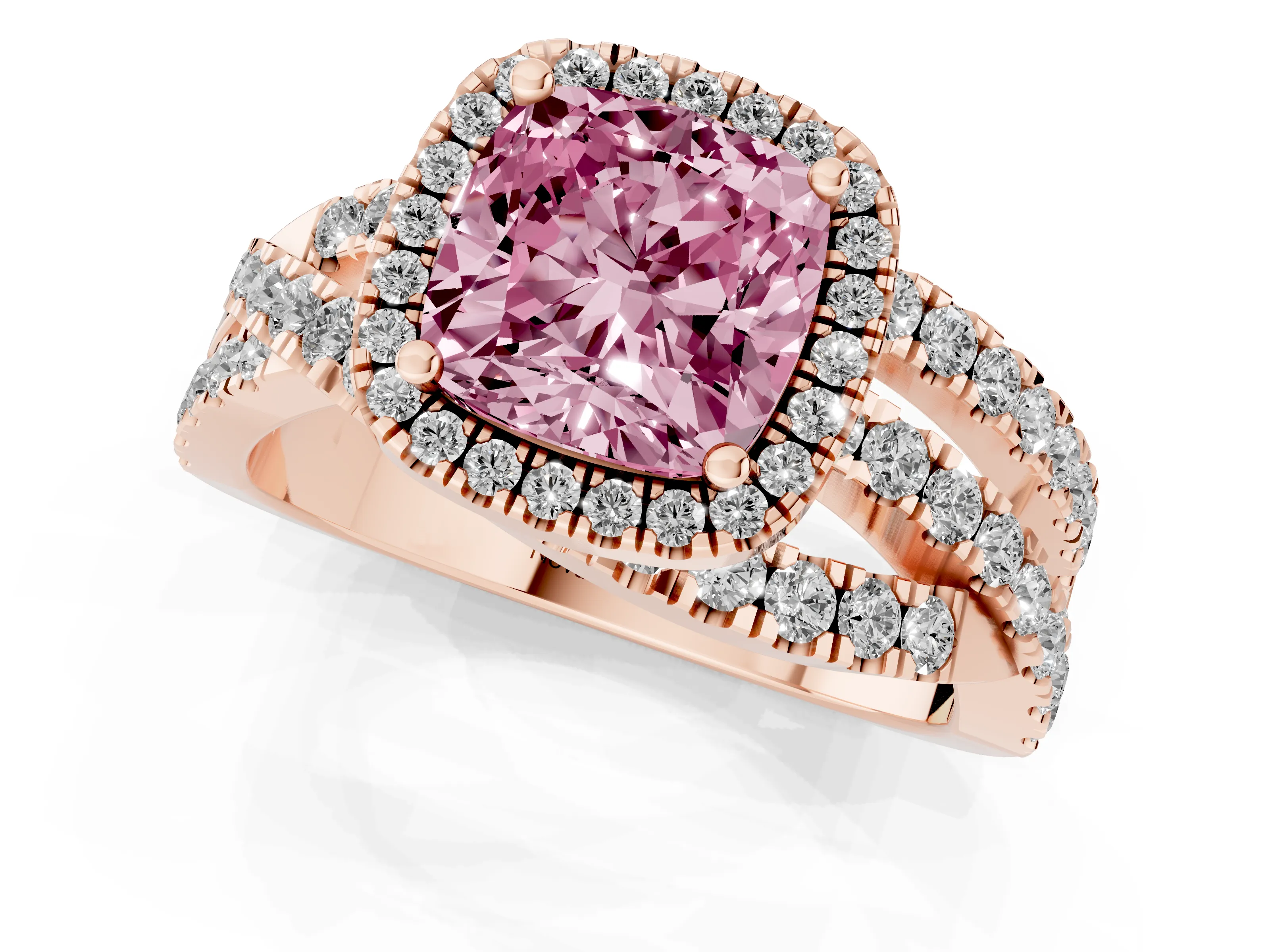 Fancy Pink Cushion Cut Diamond Halo Ring Set in Rose gold with Round Crossover Split Shank and Prong Setting
