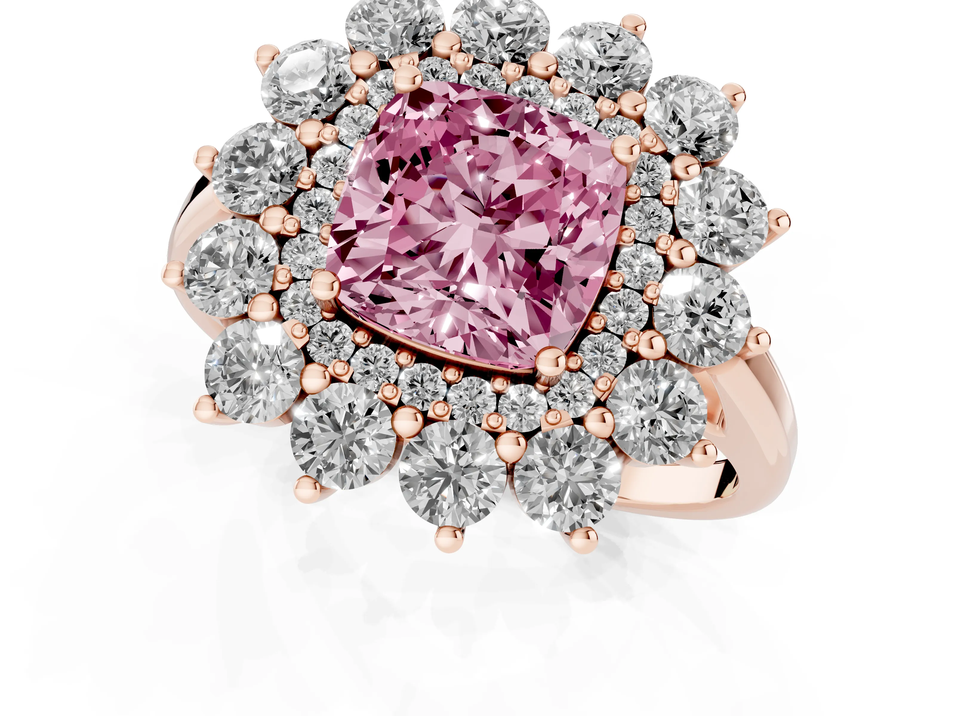 Fancy Pink Cushion Cut Diamond Floral Double Halo Ring Set in Rose gold with Round Petals
