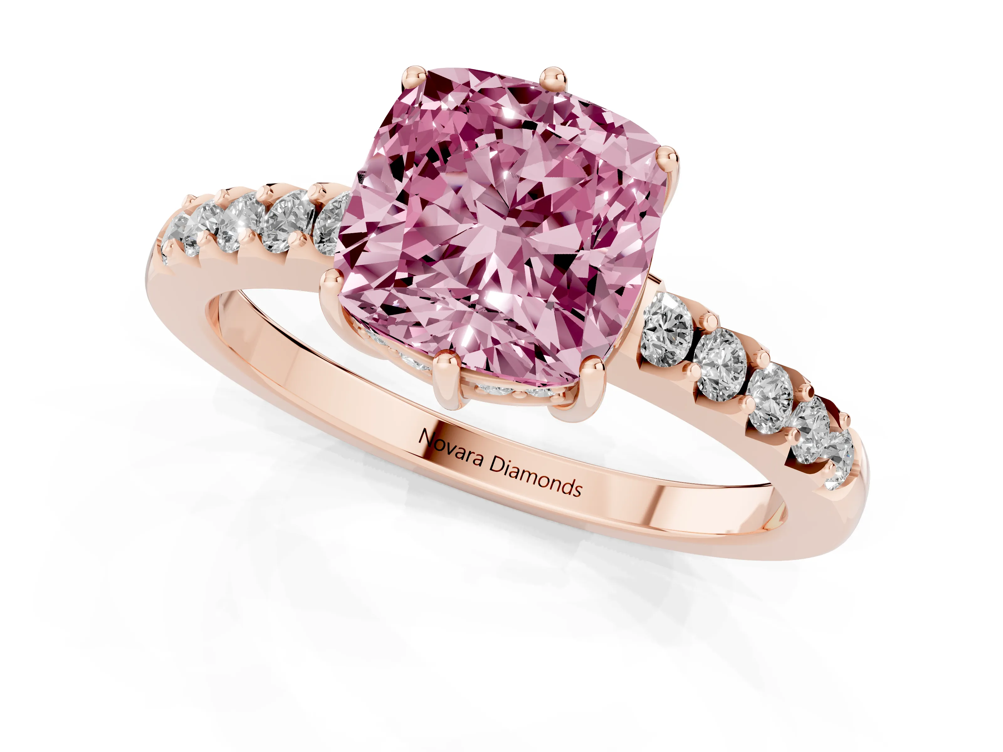 Fancy Pink Cushion Cut Diamond Solitaire Engagement Ring Set in Rose gold with Pavé Band and Prong Setting
