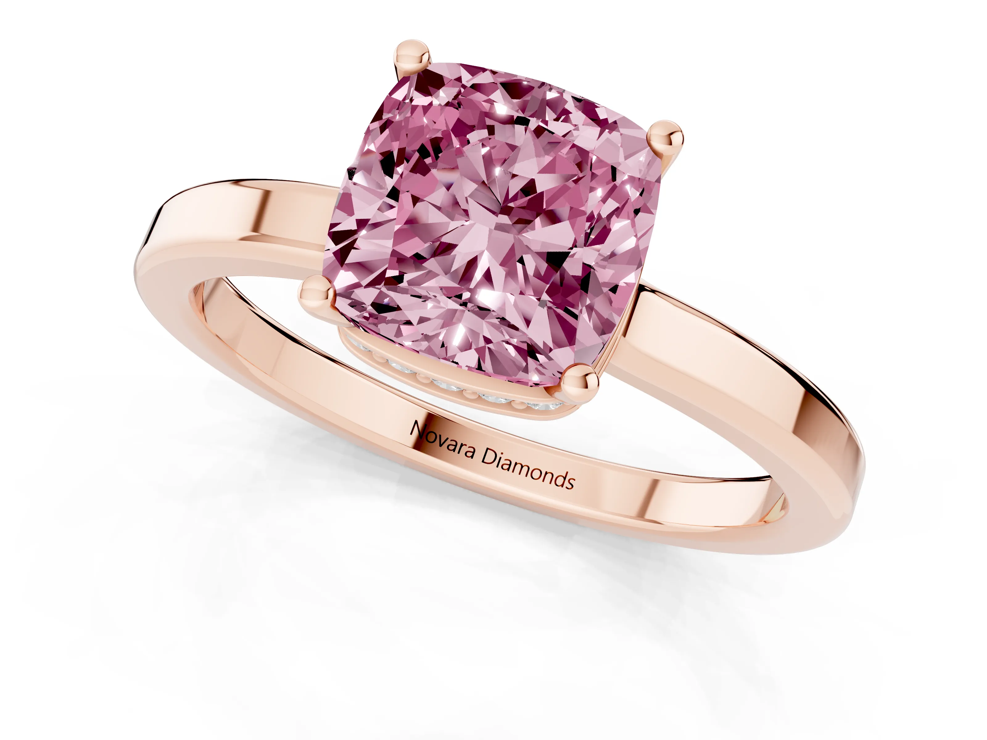 Fancy Pink Cushion Cut Diamond Solitaire Engagement Ring Set in Rose gold with Prong Setting on a Plain Band