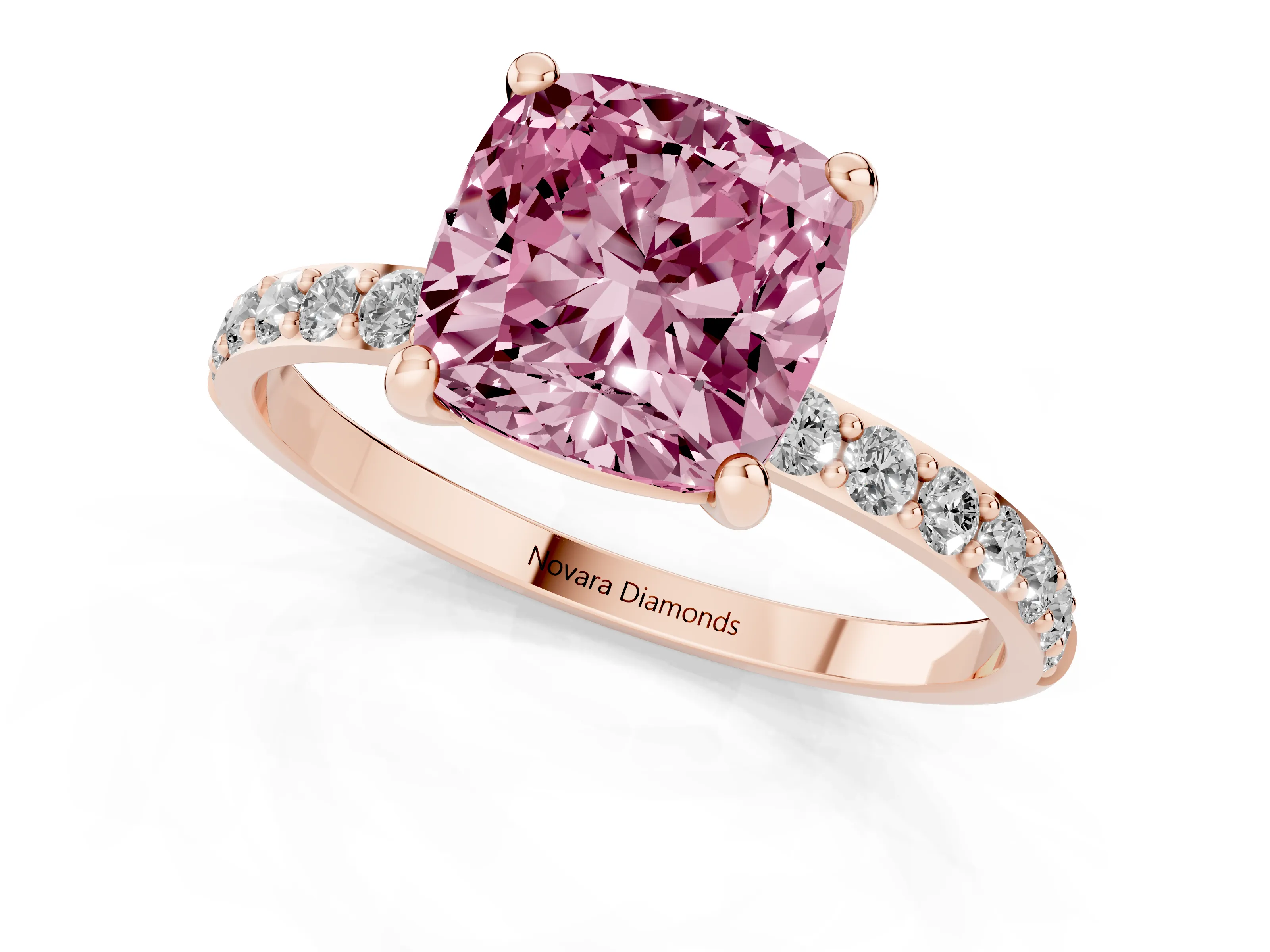 Fancy Pink Cushion Cut Diamond Solitaire Ring Set in Rose gold with Round Pavé Band and Prong Setting