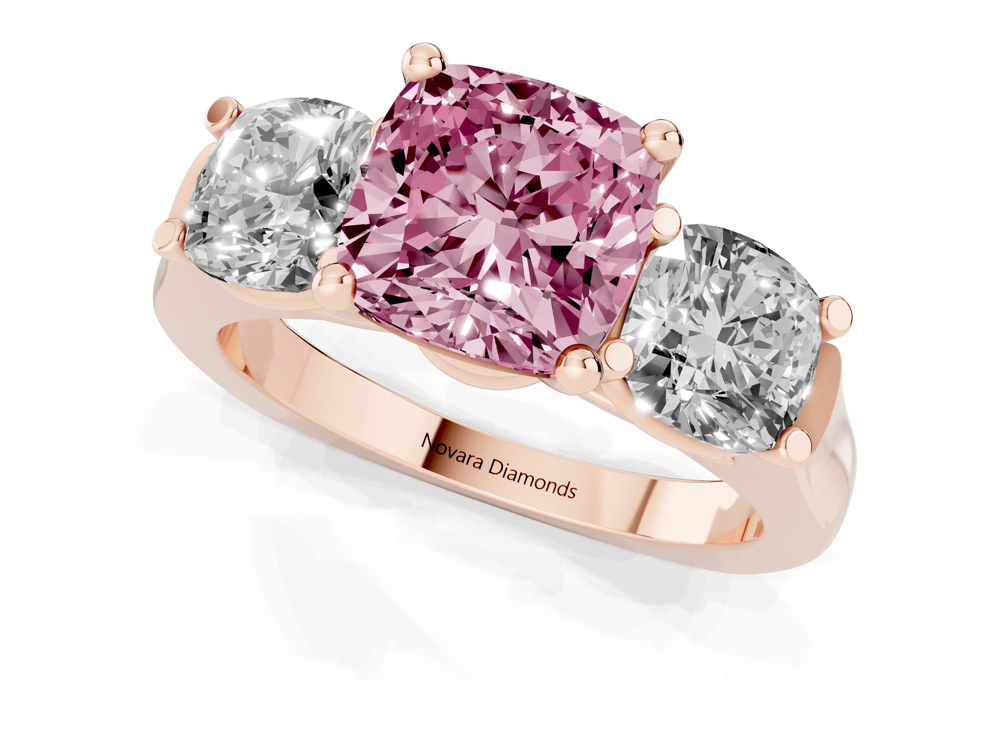 Fancy Pink Cushion Cut Diamond Three-Stone Trellis Ring Set in Rose gold with Comfort Fit Band