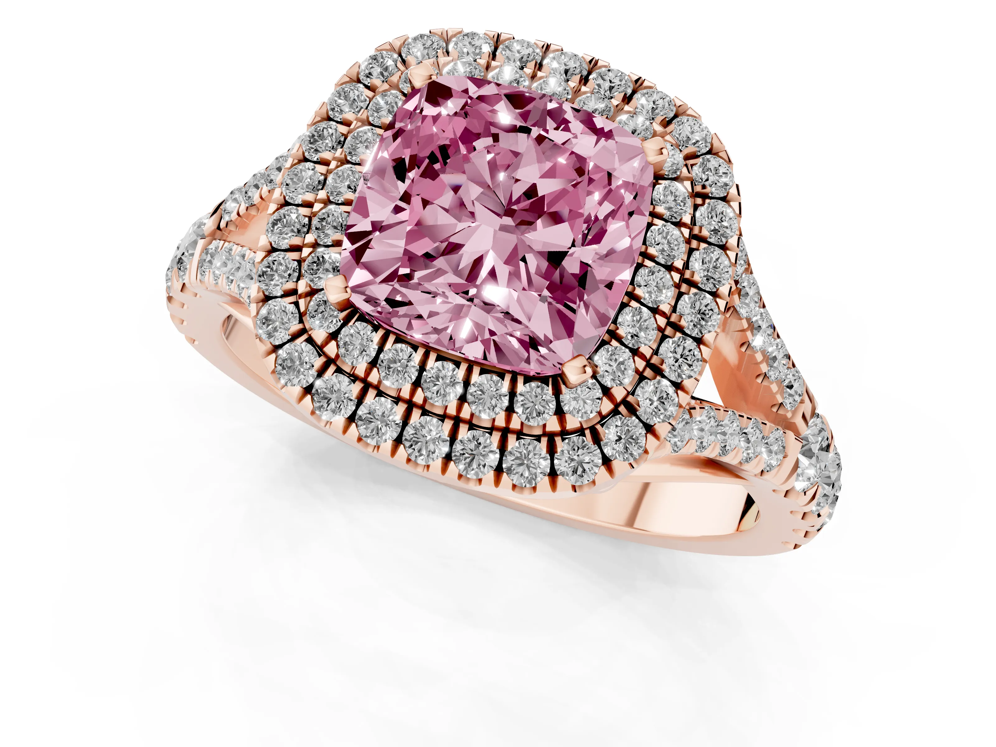 Fancy Pink Cushion Cut Diamond Pavé Split Shank Double Halo Engagement Ring Set in Rose gold – second view