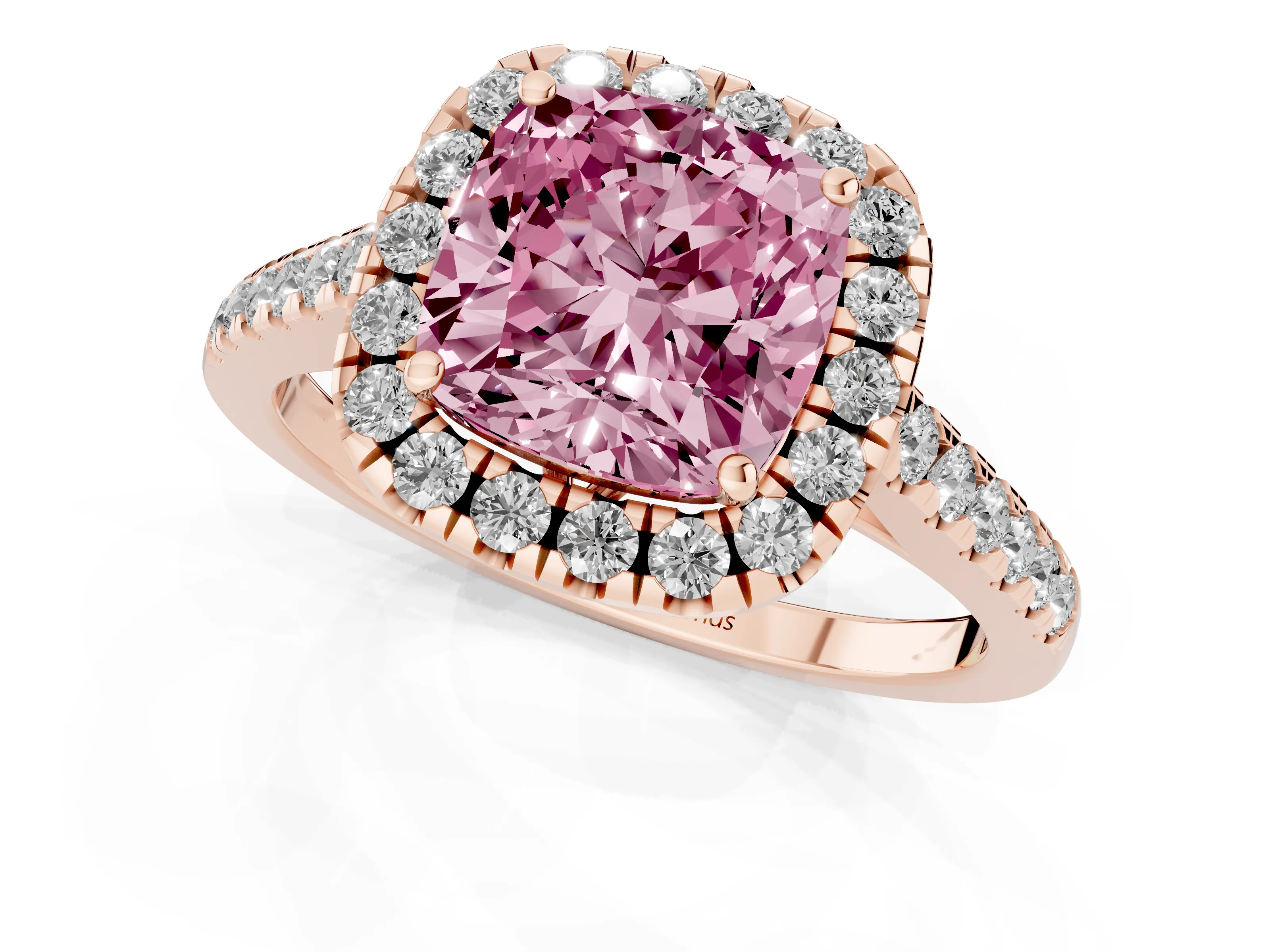 Fancy Pink Cushion Cut Diamond Pavé Halo Engagement Ring Set in Rose gold with Pavé Band and Prong Setting