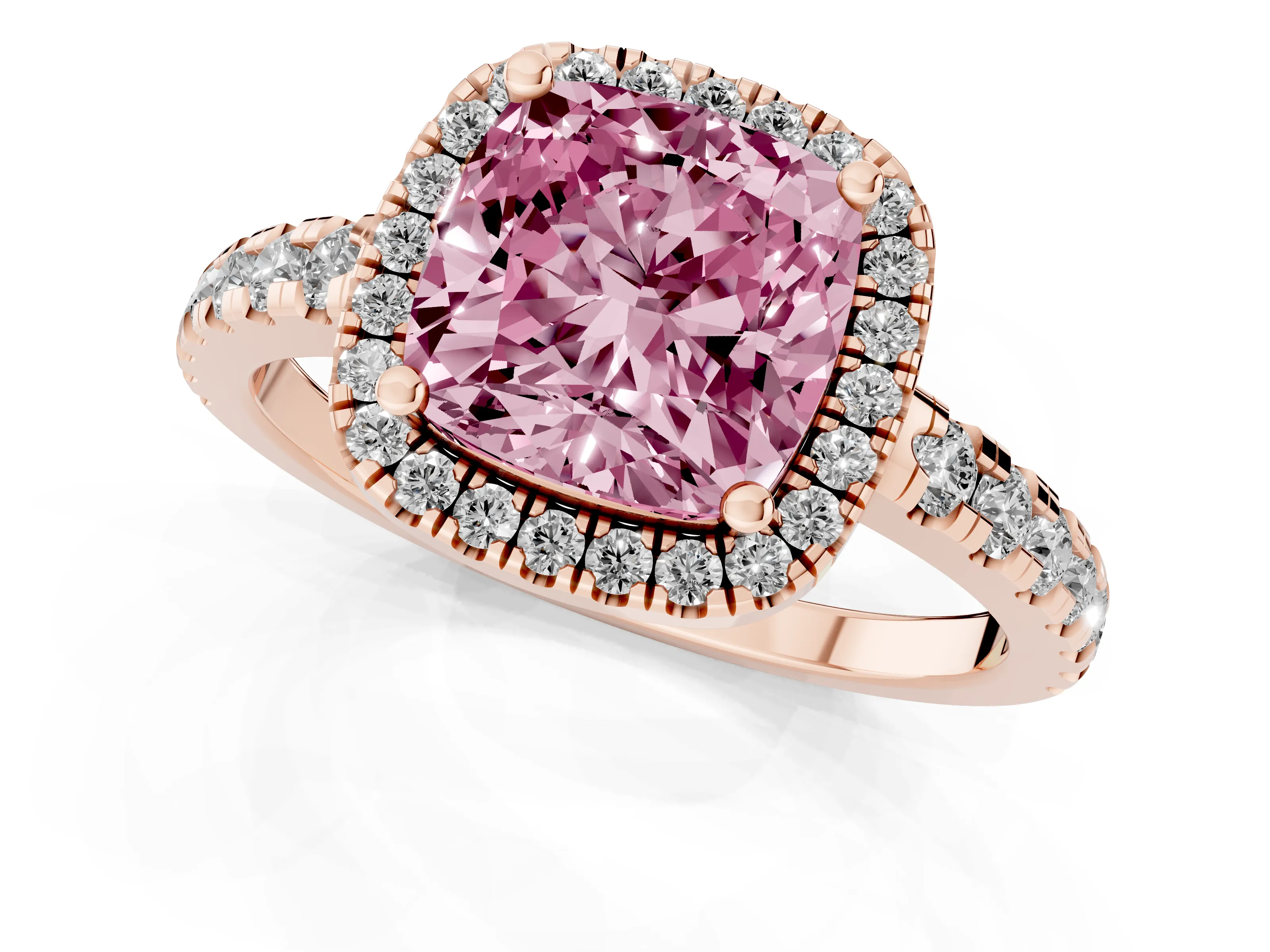 Fancy Pink Cushion Cut Diamond Halo Ring Set in Rose gold with Delicate Pavé Band and Prong Setting